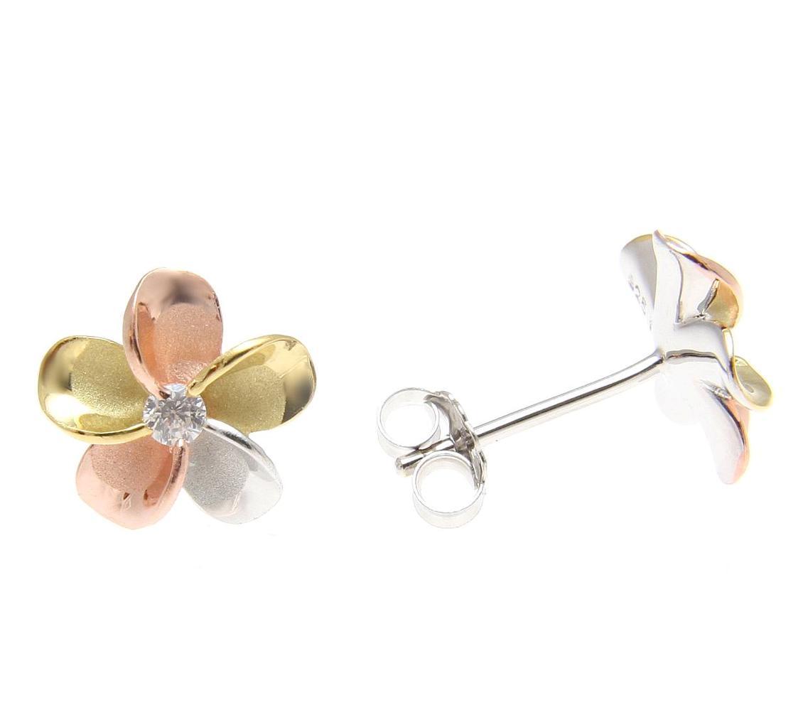 YELLOW ROSE GOLD SILVER 925 TRICOLOR HAWAIIAN PLUMERIA STUD EARRINGS CZ 8MM-18MM