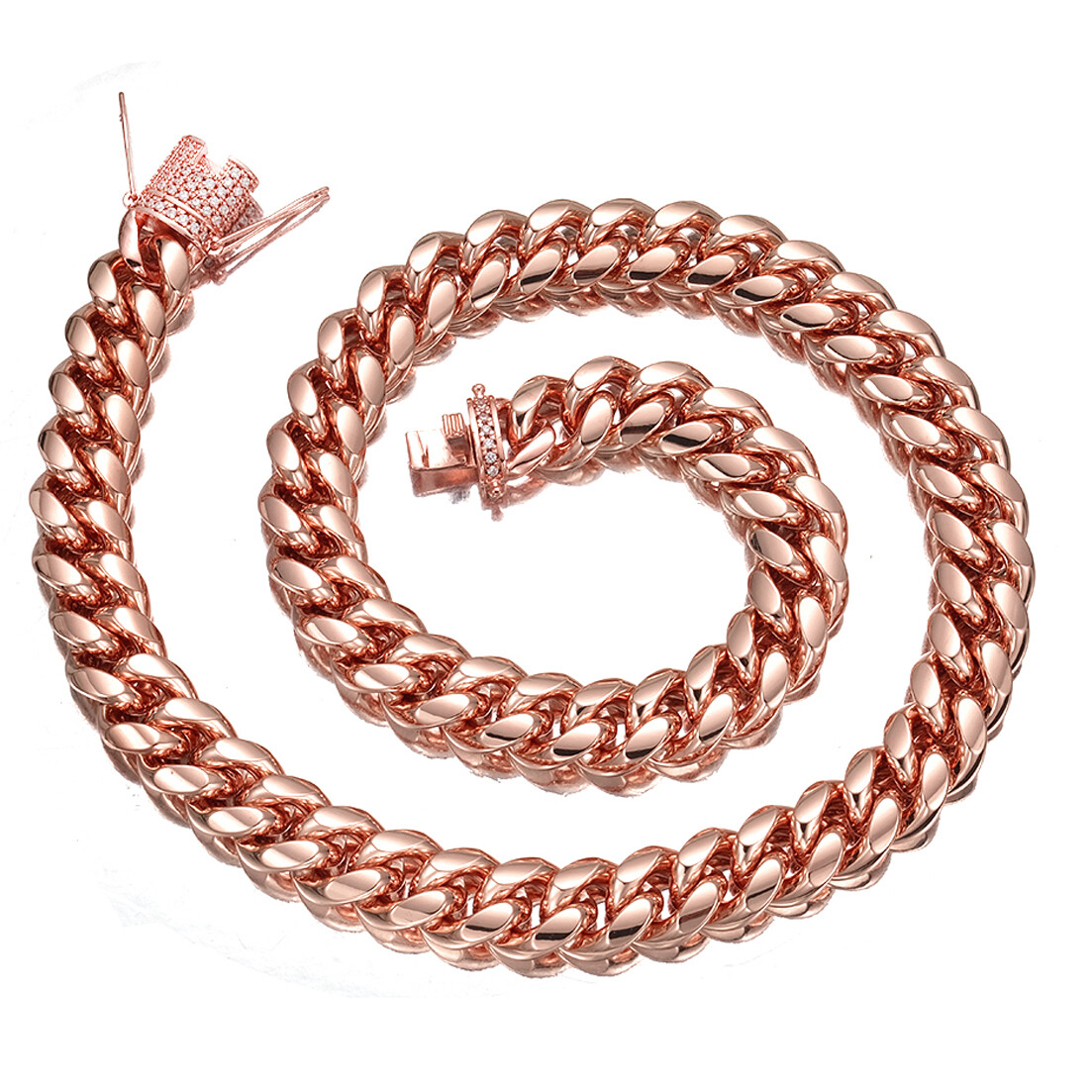 Men Women Rose Gold Stainless Steel Miami Cuban Link Chain Necklace CZ Clasp