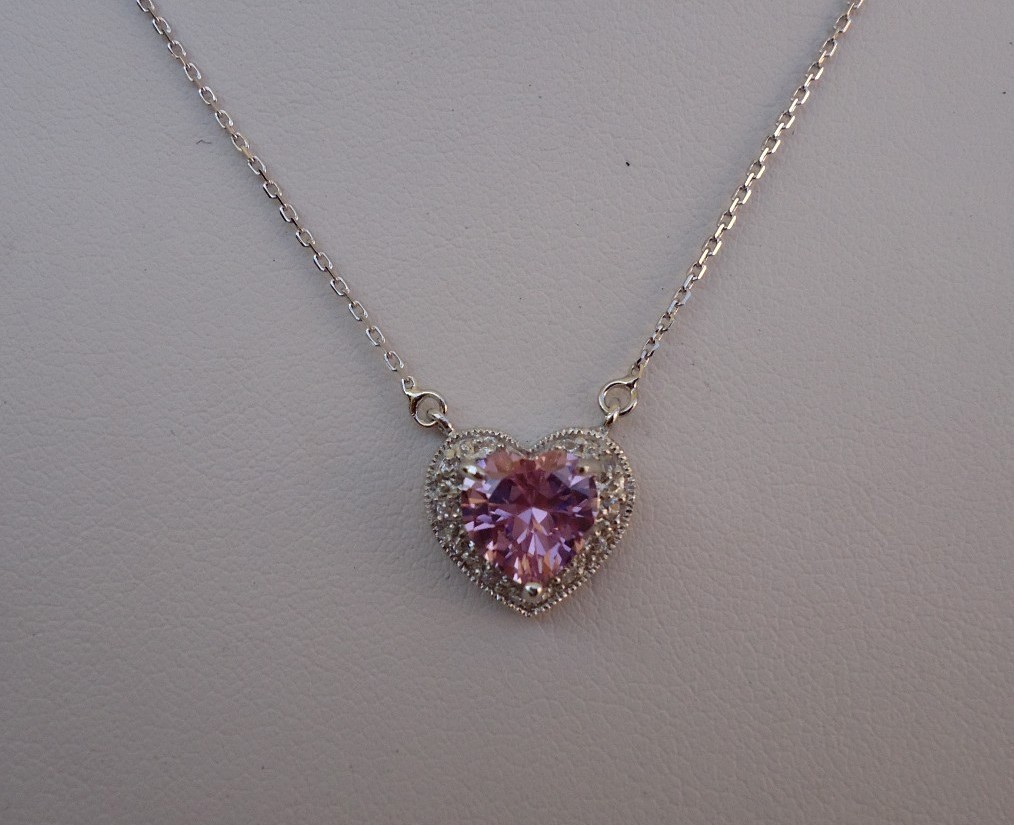 STERLING SILVER HEART NECKLACE PENDANT 3.50 CT PINK /WHITE LAB CREATED DIAMOND
