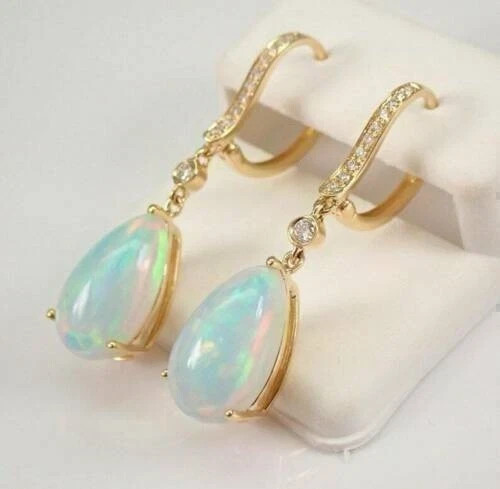 3 Ct Pear Cut Simulated Fire Opal Drop/Dangle Earrings 14k Yellow Gold Plated