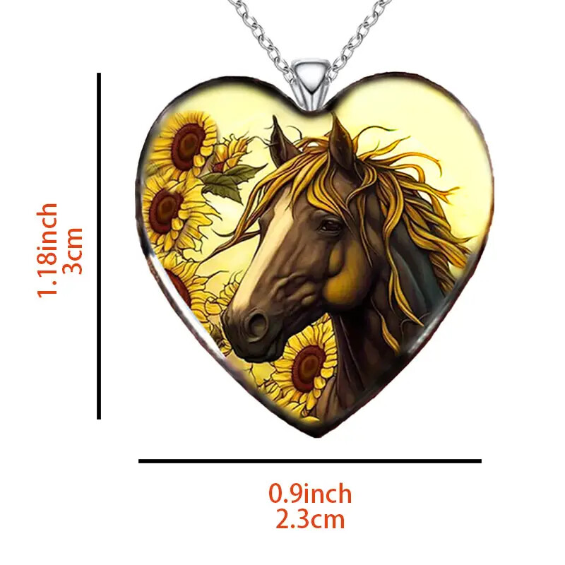 Exquisite Heart-shaped Sunflower And Horse Patterns Heart Pendant Necklace