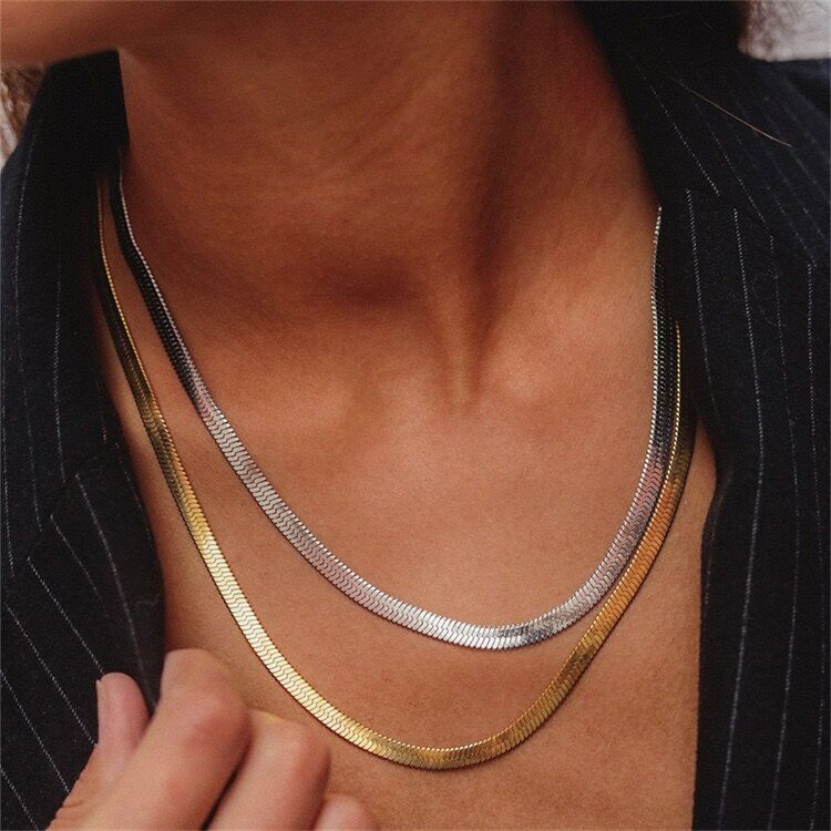 2 Colors Women Men 2-5mm Stainless Steel 18k Gold Plated Herringbone Snake Chain