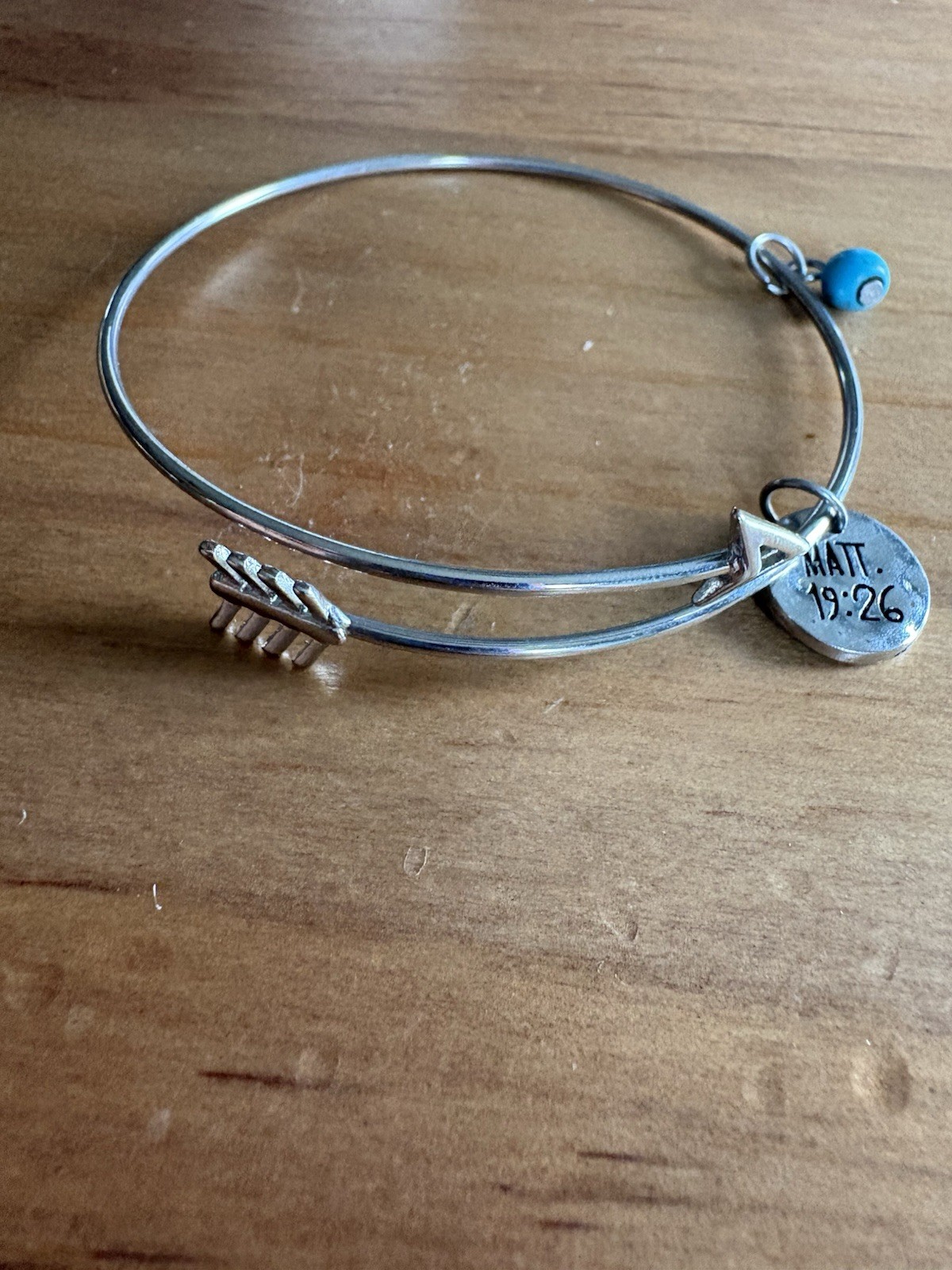 Wire Bangle Charm Bracelet Silver w/ Matt. 19:26 Disc, Arrow Dangle, Blue Bead