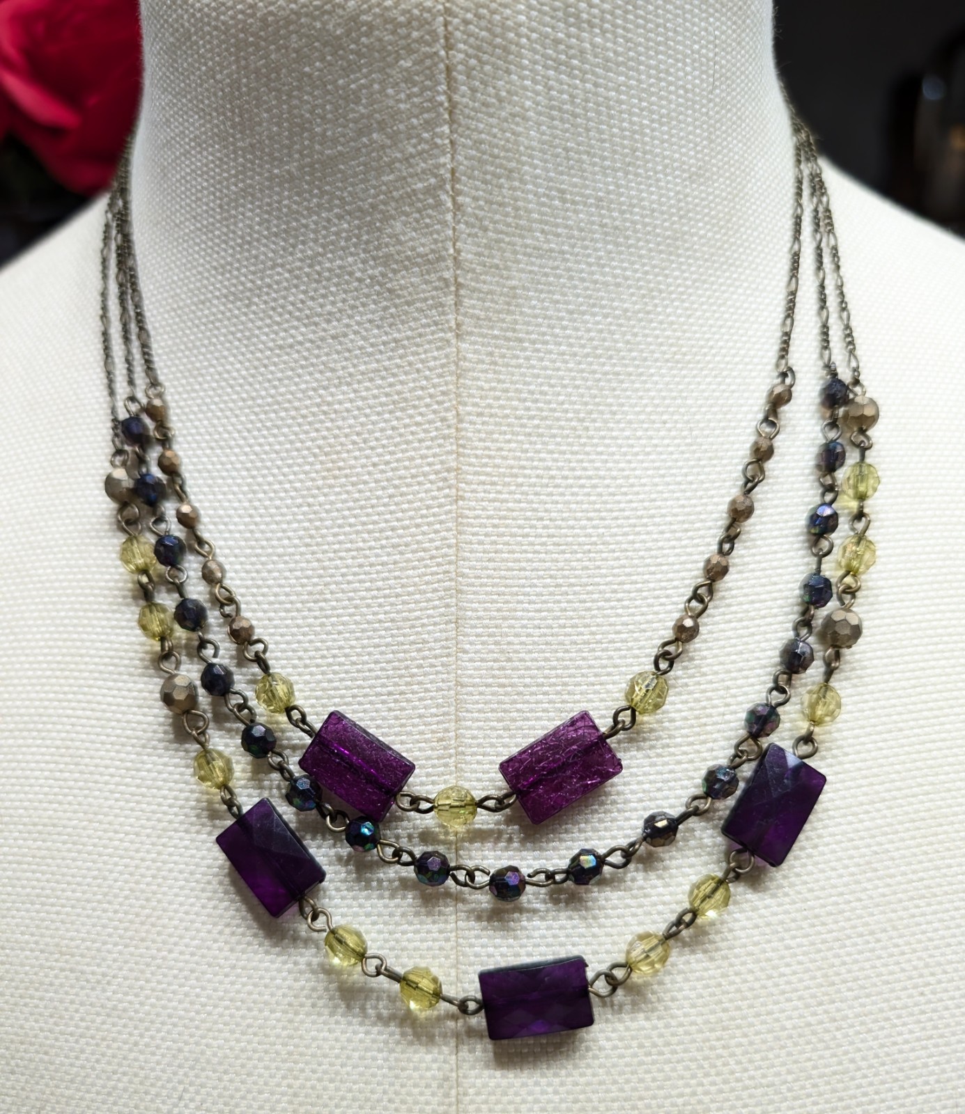 3 Strand Choker Necklace Purple Oblong Chunks w/Yellow & Tiny Brass Beads