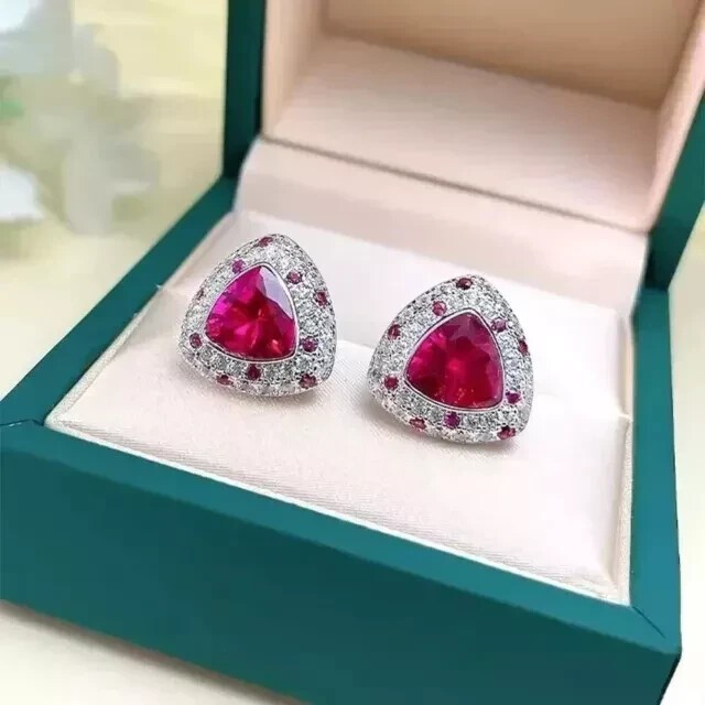 Trillion Cut Simulated Pink Ruby Women’s Stud Earrings In 14k White Gold Plated