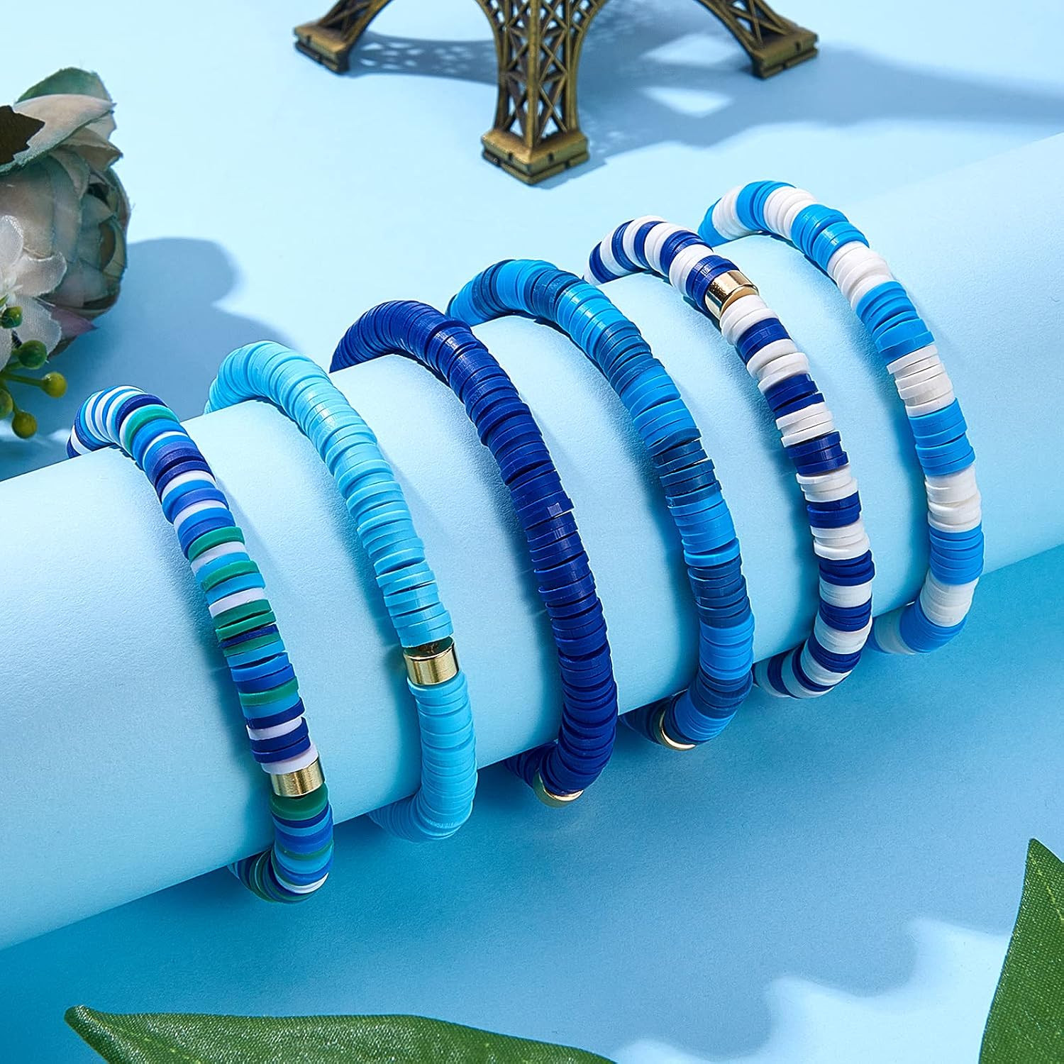 6PCS Heishi Surfer Bracelets Set 6mm Polymer Clay Heishi Beads Stretch Bracelets