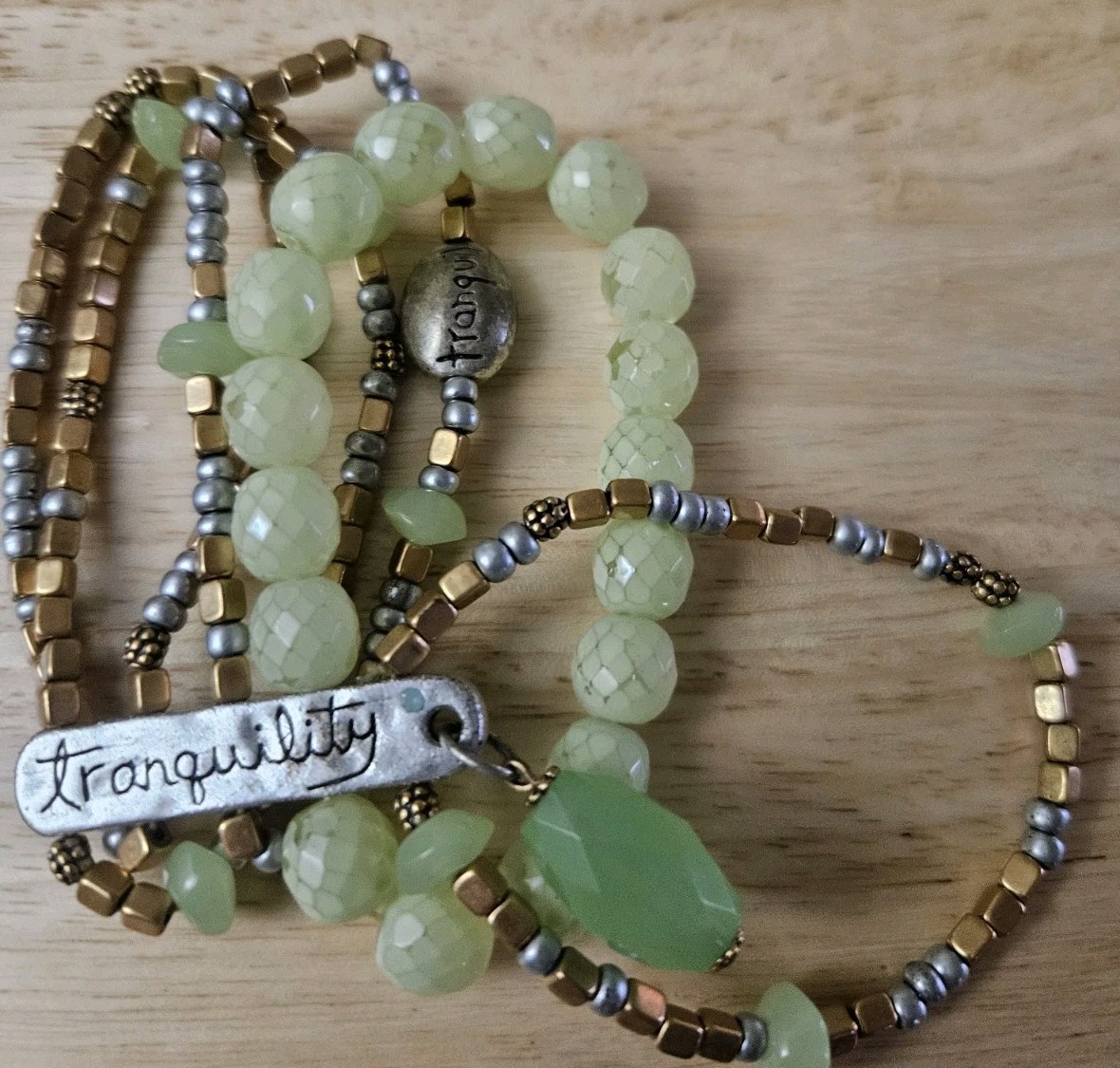 Stretch Elastic Bracelet Stacked Green Colored Beads & Silver Tranquility