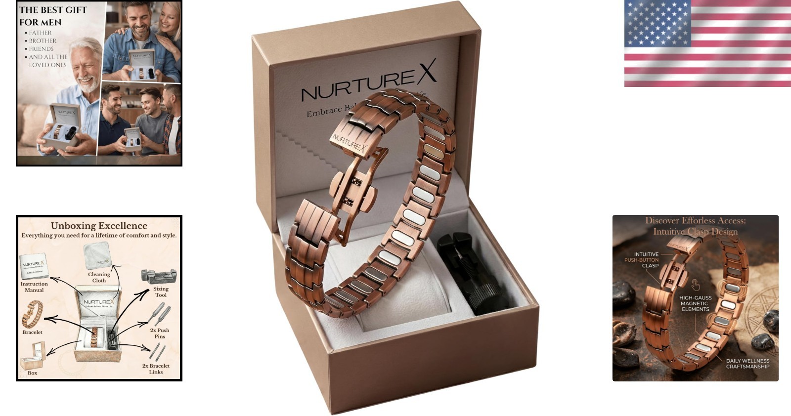 Men’s 10,000 Gauss Adjustable Copper Magnetic Bracelet with Easy Fold Over Clasp