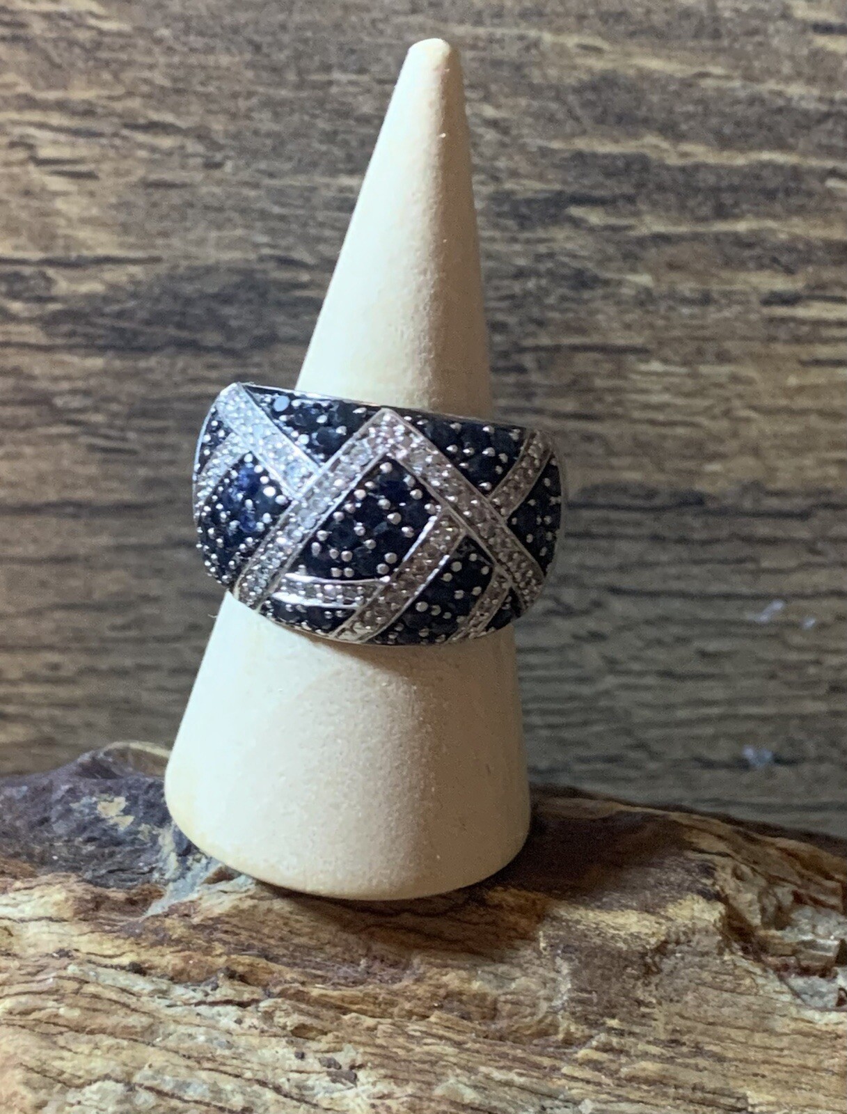 Sterling Silver Diamond & Sapphire Domed Wide Band Ring , Sz 7, 11.3 g.