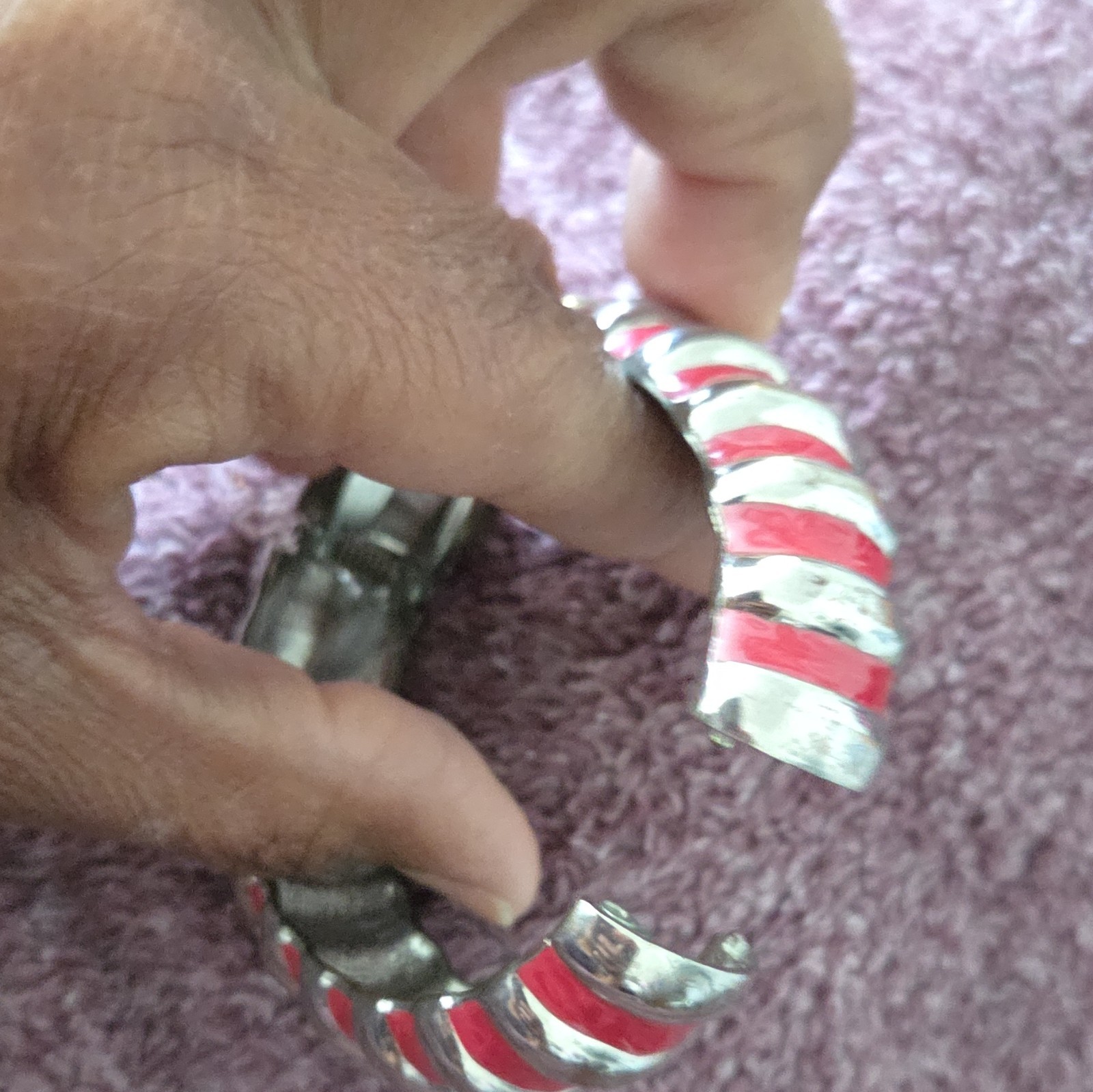 Silver Tone Metal Hinged Bangle Bracelet Red Striped Stackable No Stone