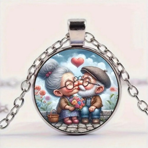 Elderly Couple Love Art Design Round Pendant Necklace