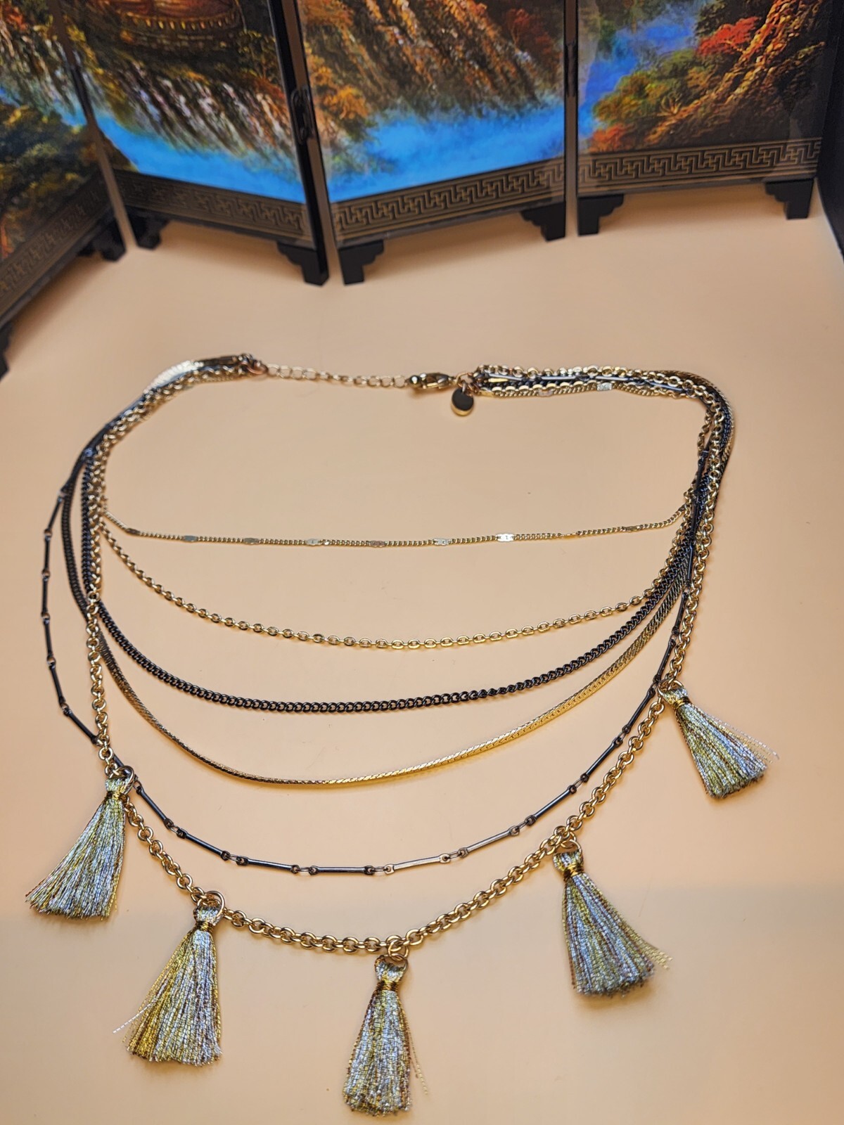Vtg CHARMING CHARLIE Signed Multi-Strand Tassle Necklace Mixed Metal FREE $HIP!!