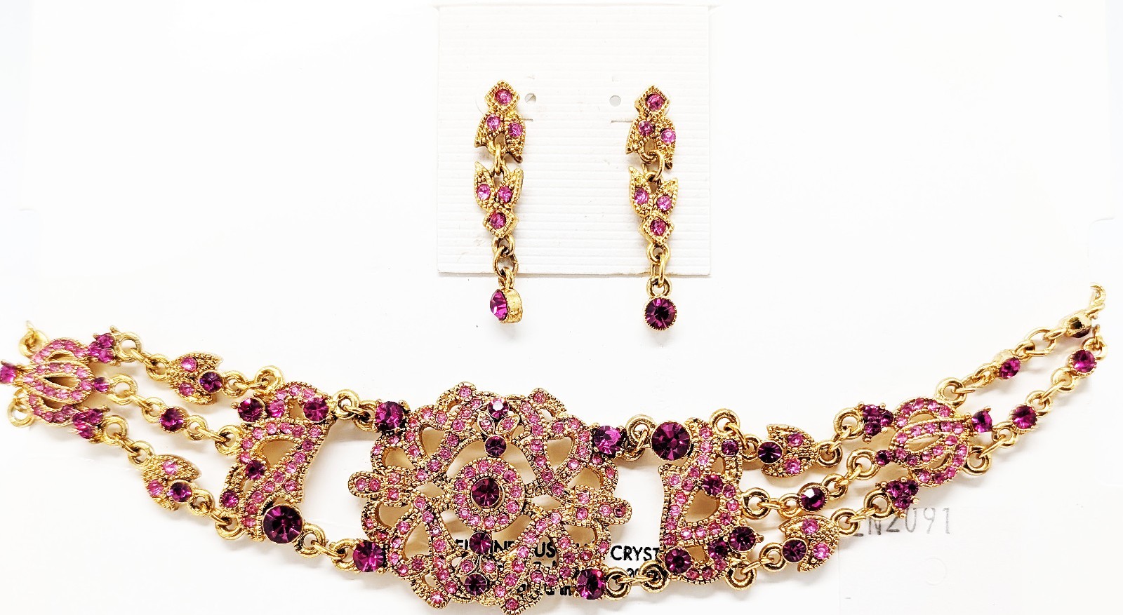 DESIGNER INSPIRED VICTORIAN PINK MULTI CRYSTAL GOLD CHOKER NECKLACE JEWELRY SET