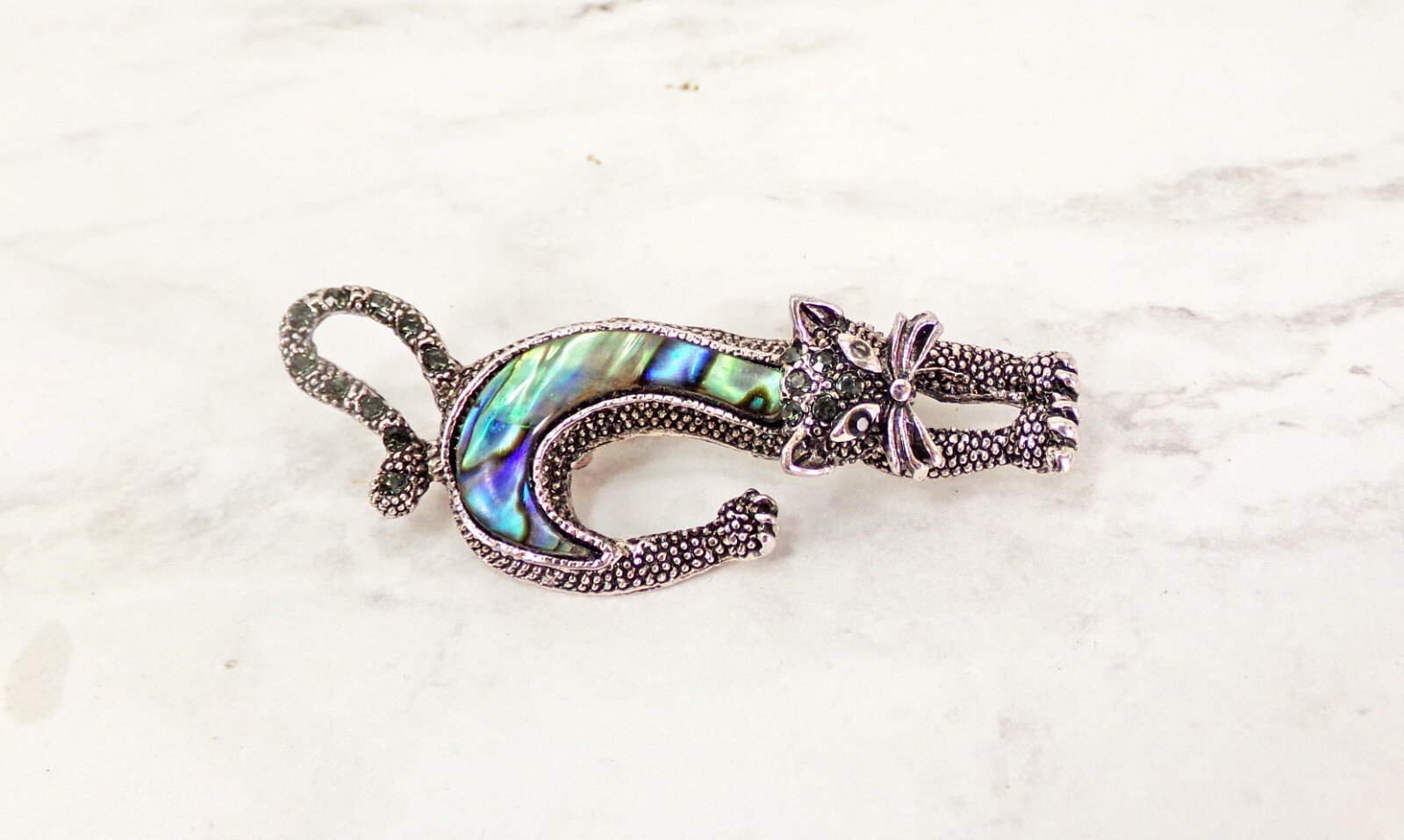 Cat Brooch Pin in Abalone Shell, Crystals, Antique Finish, Stretching Cat Pin