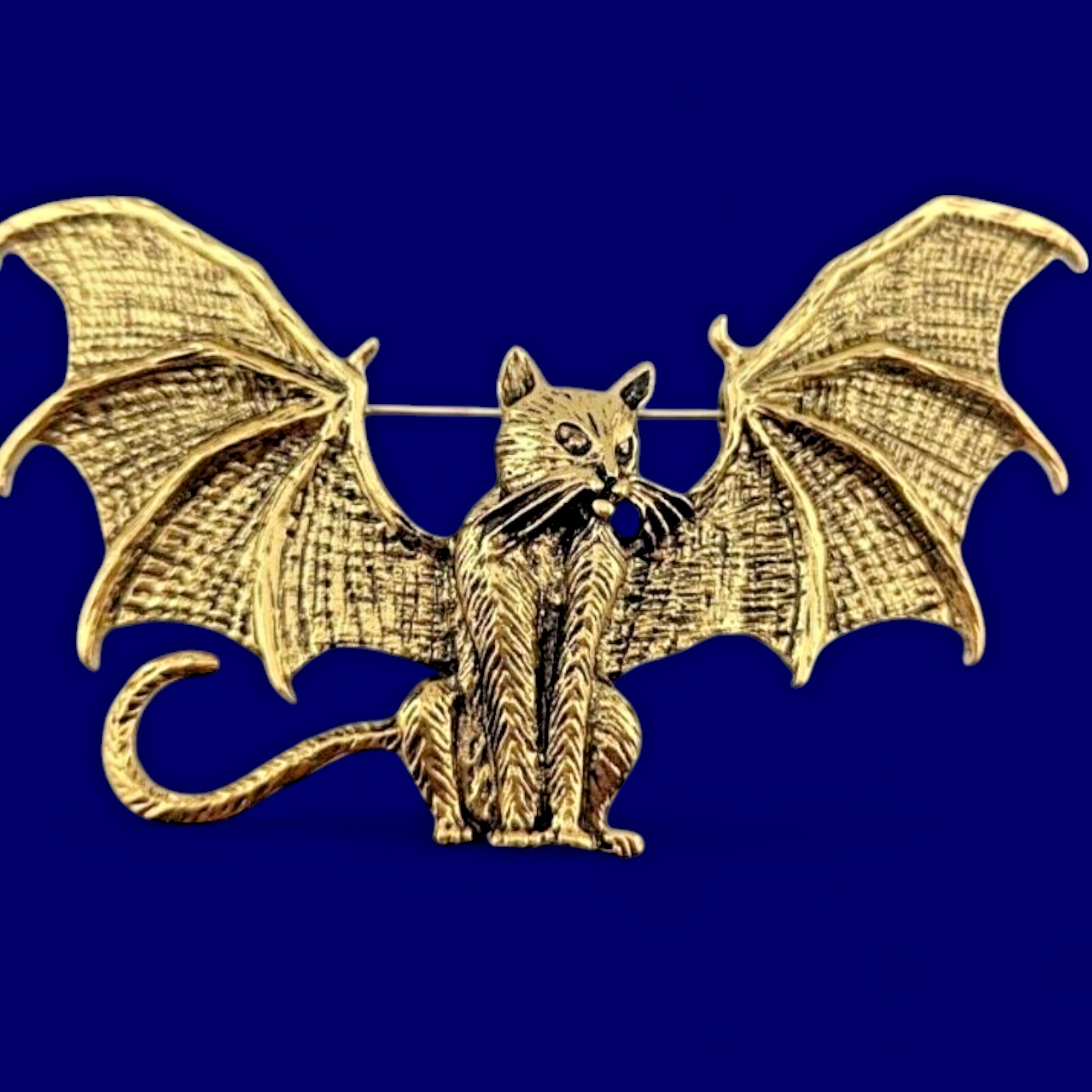 DEMON KITTY BROOCH large goldtone devil cat vampire bat wings halloween pin Z4