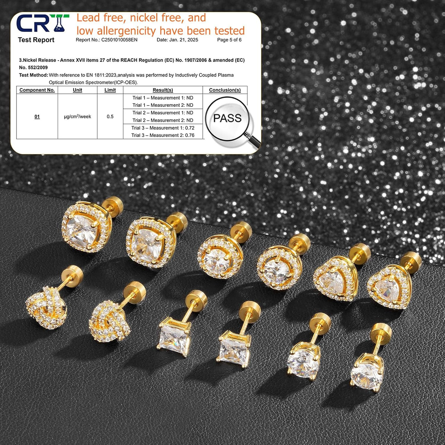 6 Pairs Hypoallergenic Flat Back Stud Earrings Set for Women – 14K Gold/Silver P