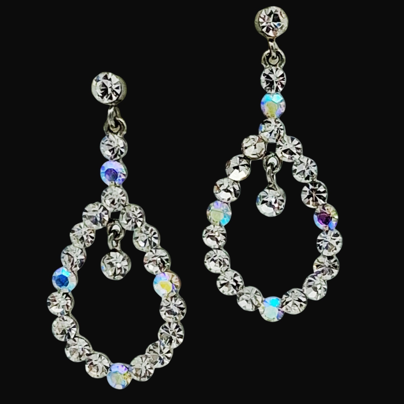 Clear and AB Rhinestone Teardrop Hoop Dangle Earrings 2″ Silver Tone Post Back