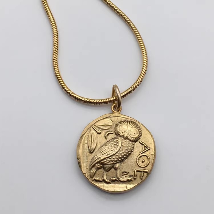 Wisdom Goddess / Owl Greece Replica coin Gold Pendant Necklace 20″