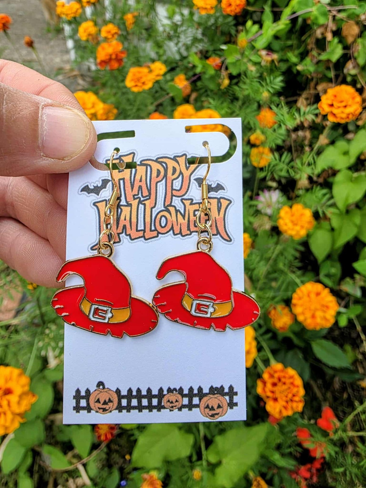 Red Witch Hat Halloween Dangle Earrings | Spooky Drop Jewelry | Fun Fall Gift