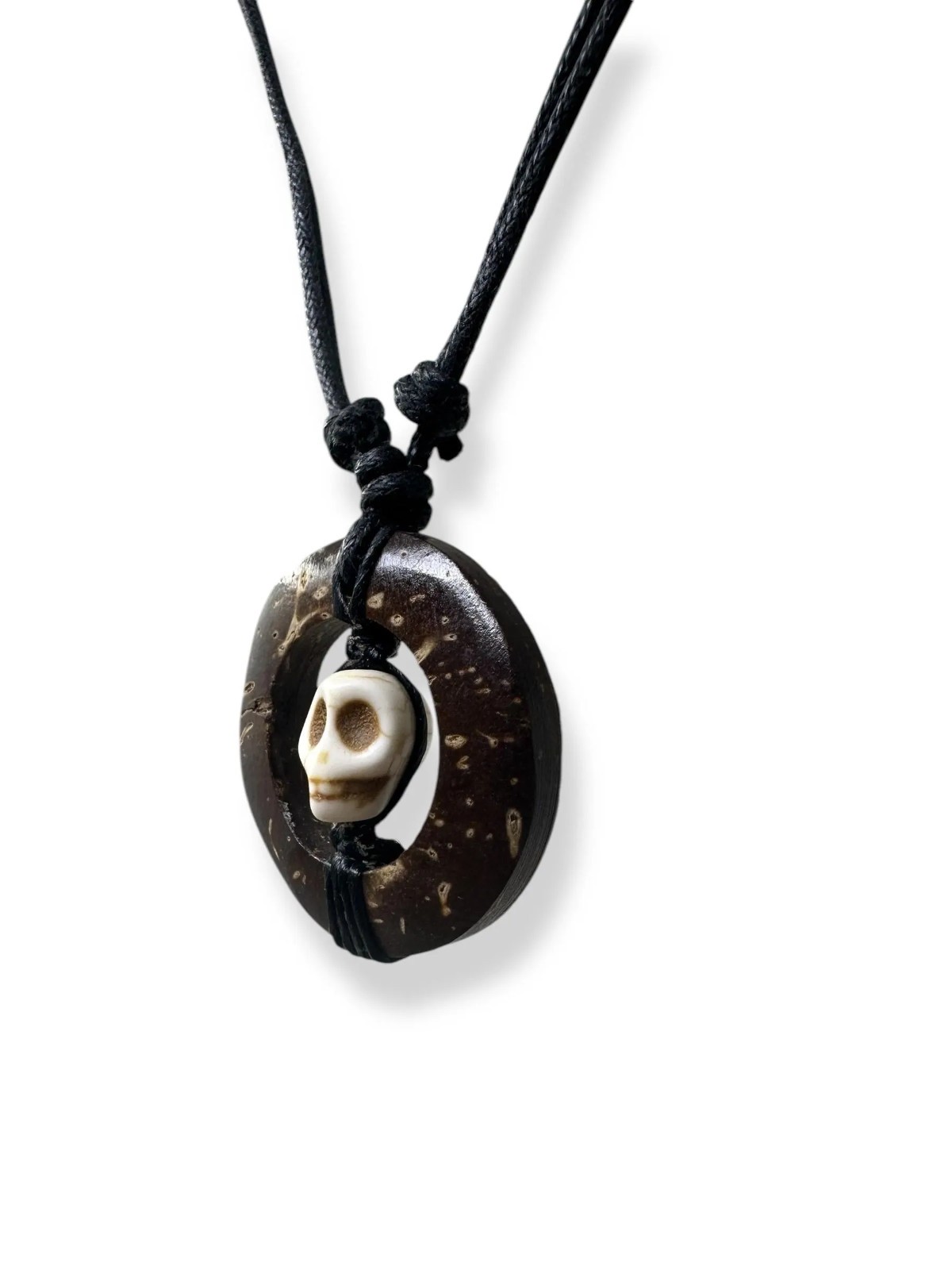 Handcrafted Coconut Shell Skull Necklace Howlite Pendant Adjustable Cord Unisex