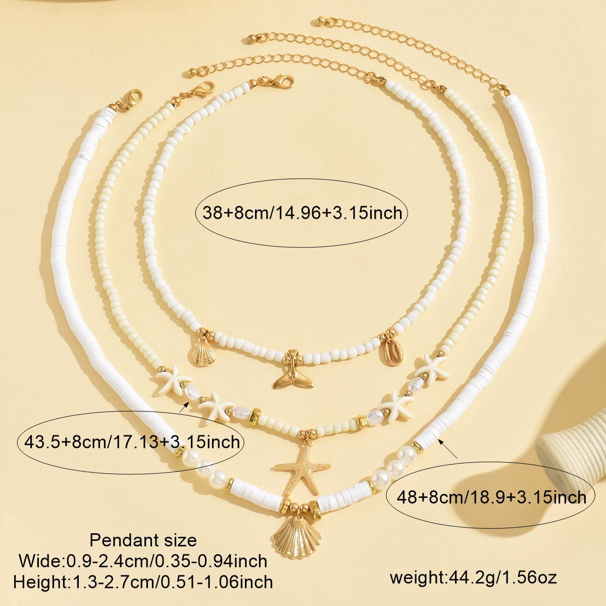 Three Layer Seed Pearl Necklace Shell Starfish Fish Tail Alloy Pendant Necklace