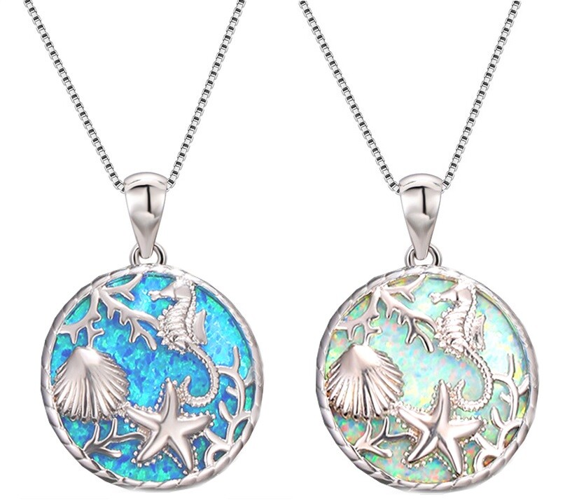 Blue or White OCEAN-THEMED Opalesque 7/8″ Pendant 18″ Necklace Seahorse Starfish