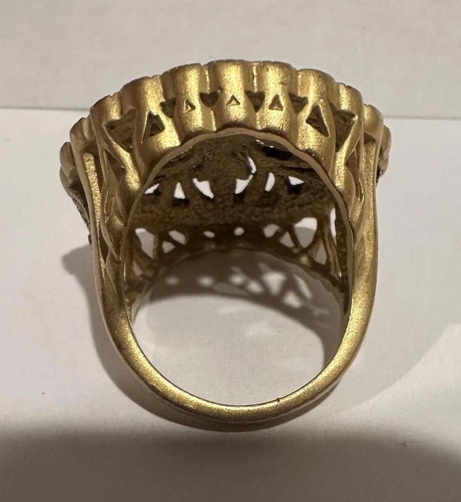 Filigree Shield Gold Tone CZ & Marcasite Rhinestone Cocktail Ring Sz 6 Statement