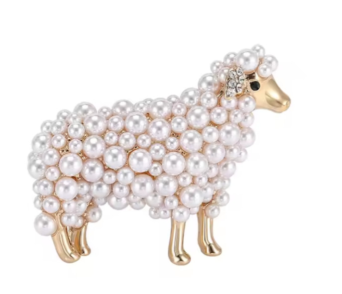 Pearl Sheep Brooch Rhinestone Gold Tone Lamb Animal Pin Cute Farm Jewelry Gift