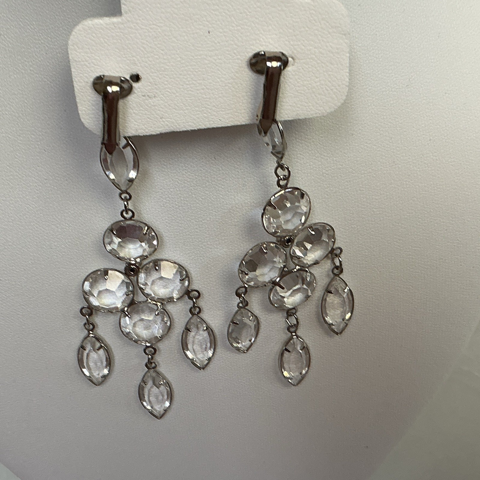 Clear Crystal Rhinestone Silver Tone Chandelier Dangle CliOn Earrings 3.5 in