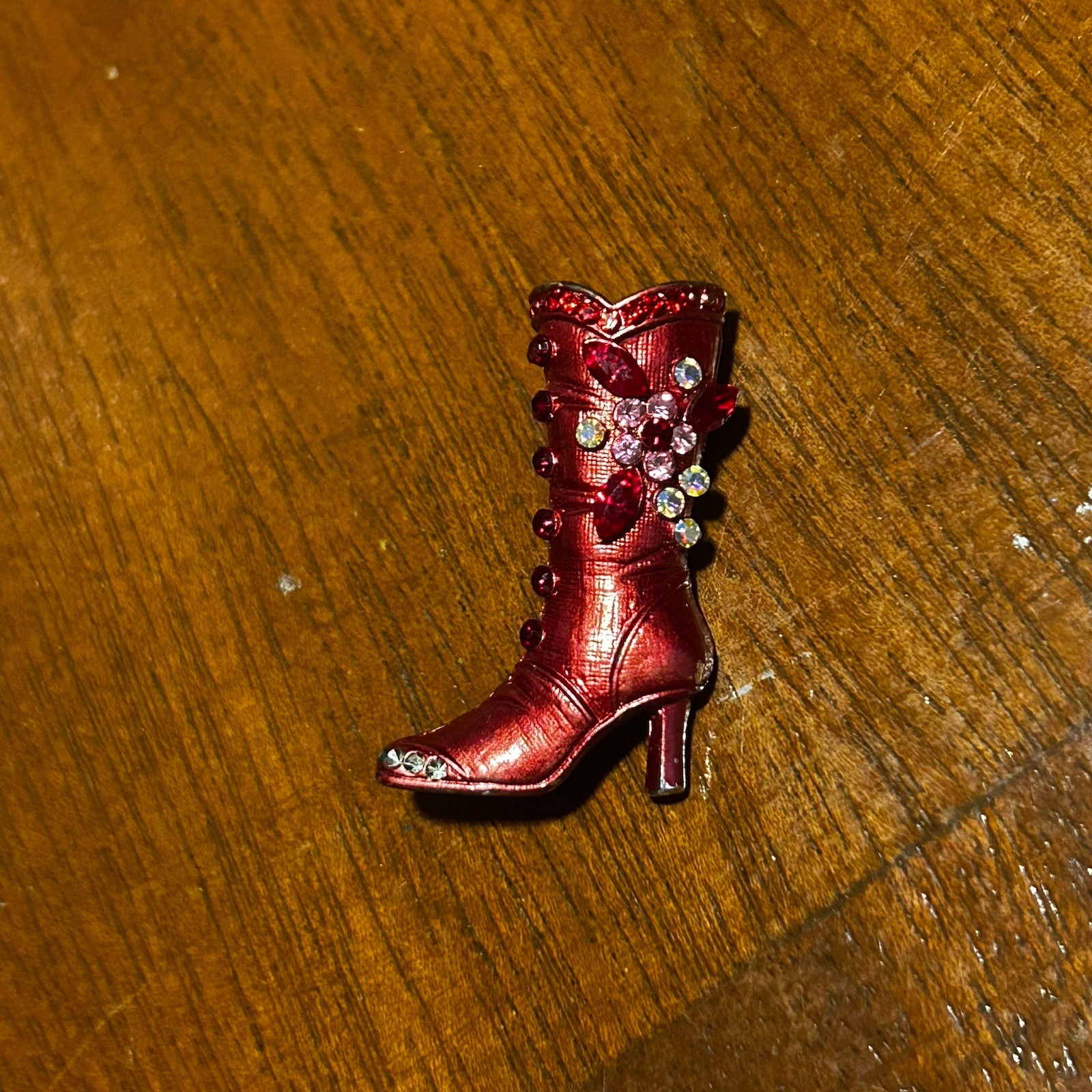 Red High Heel Boot Brooch Lapel Pin Rhinestone Colored Crystal Accents