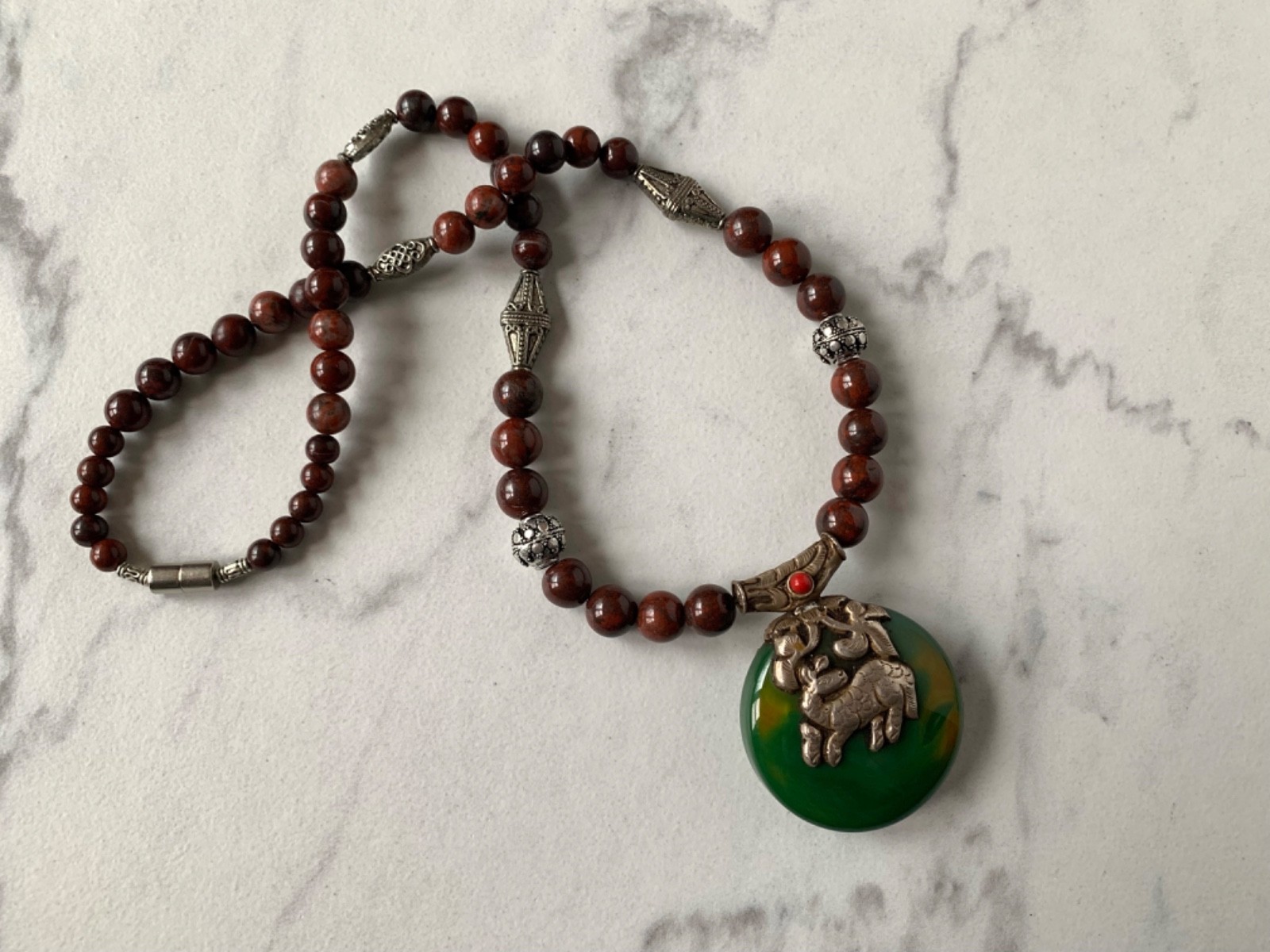 Agate Amulet, Tibetan Silver animal design Red Jasper Beads 23″ Necklace16