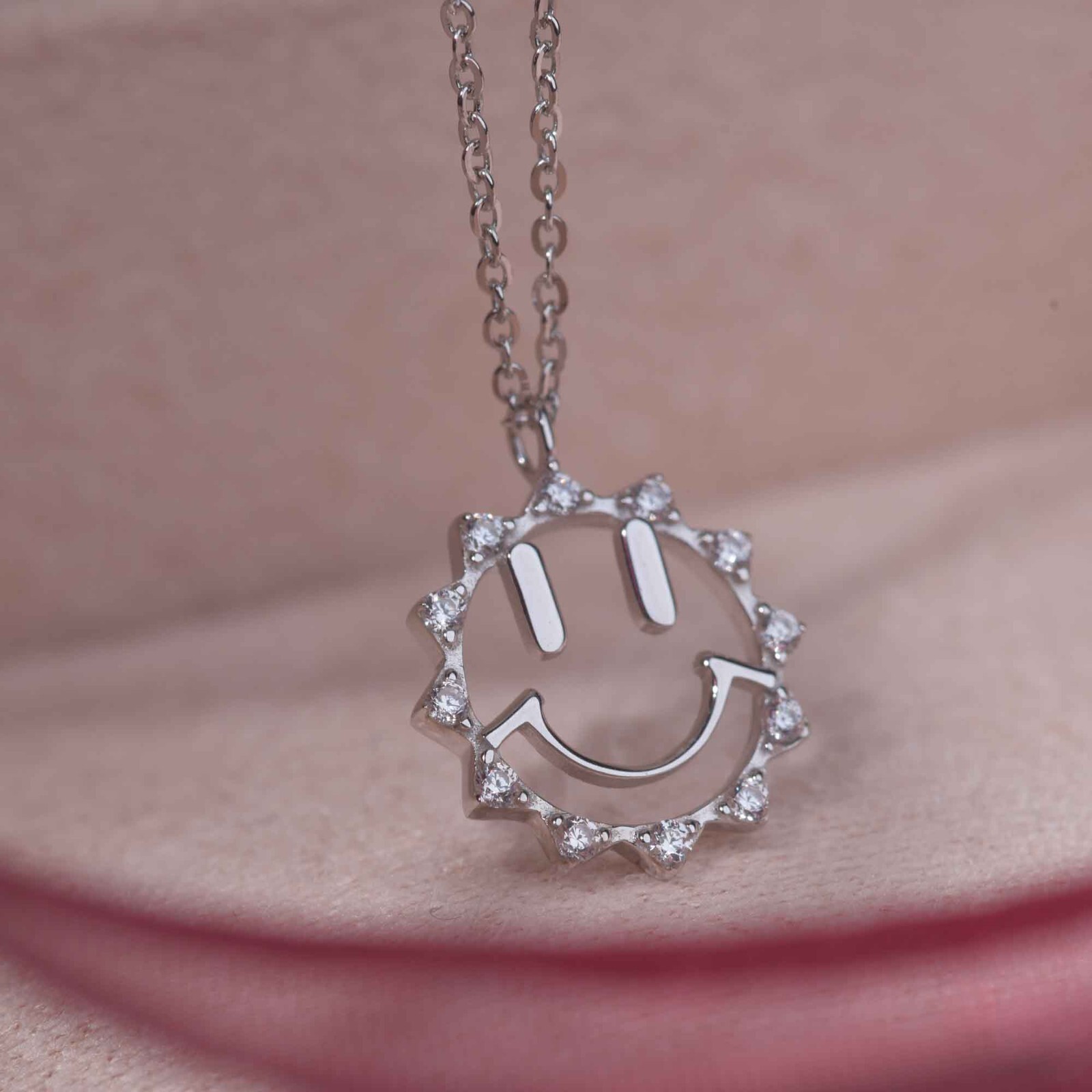 18k white gold 925 silver simulated diamond smile sun pendant chain necklace