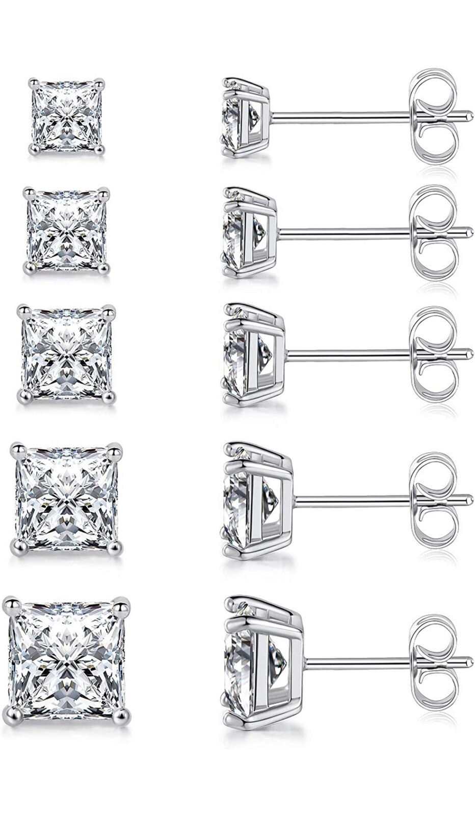 MDFUN 18k White Gold Plated Princess Cut Clear Cubic Zirconia Earrings Pack Of 5