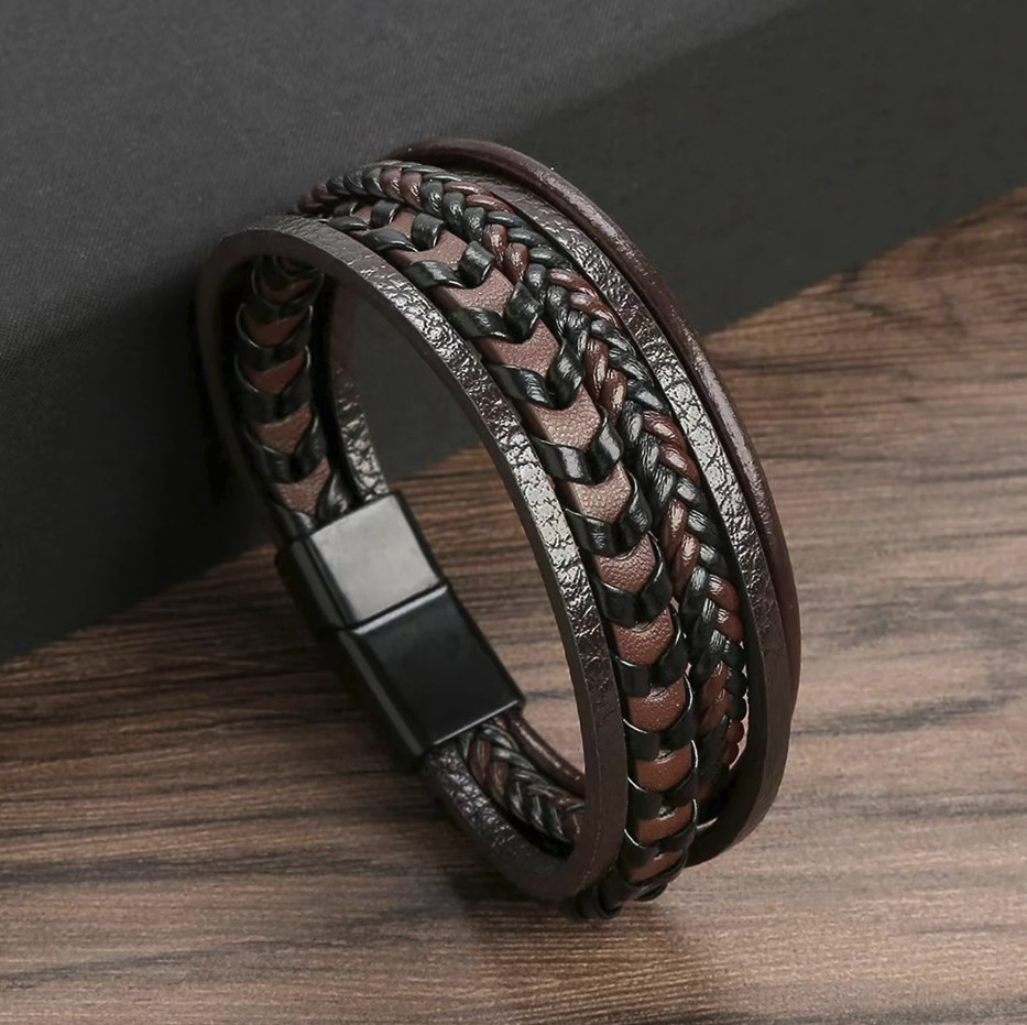 1pc Men’s Multilayer Leather Rope Bracelet Alloy Magnetic Buckle Bangle – NEW