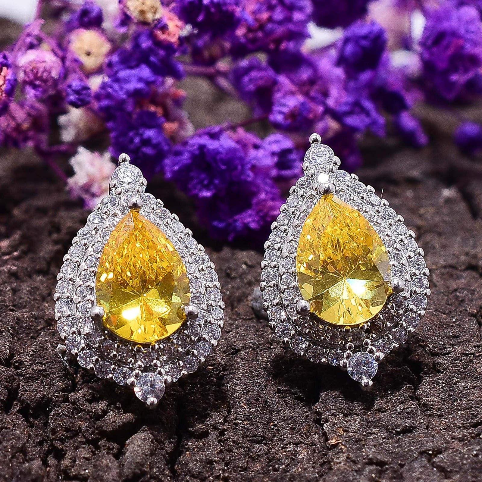 Citrine & Cz 925 Sterling Silver Floral Halo Drop Earring 0.75″ E15533