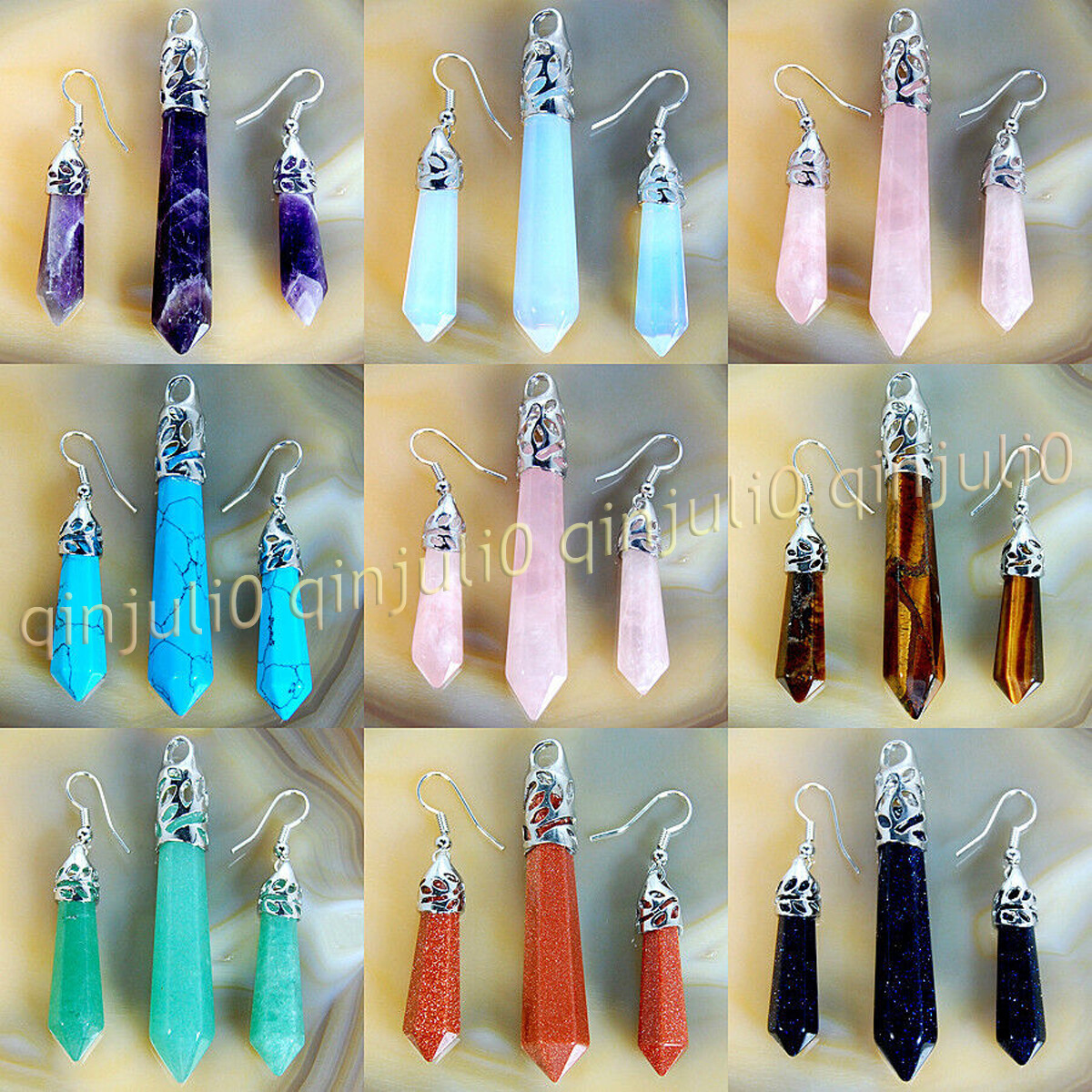 1 Set Natural Gemstones Hexagonal Pointed Reiki Chakra Pendant Earrings Jewelry