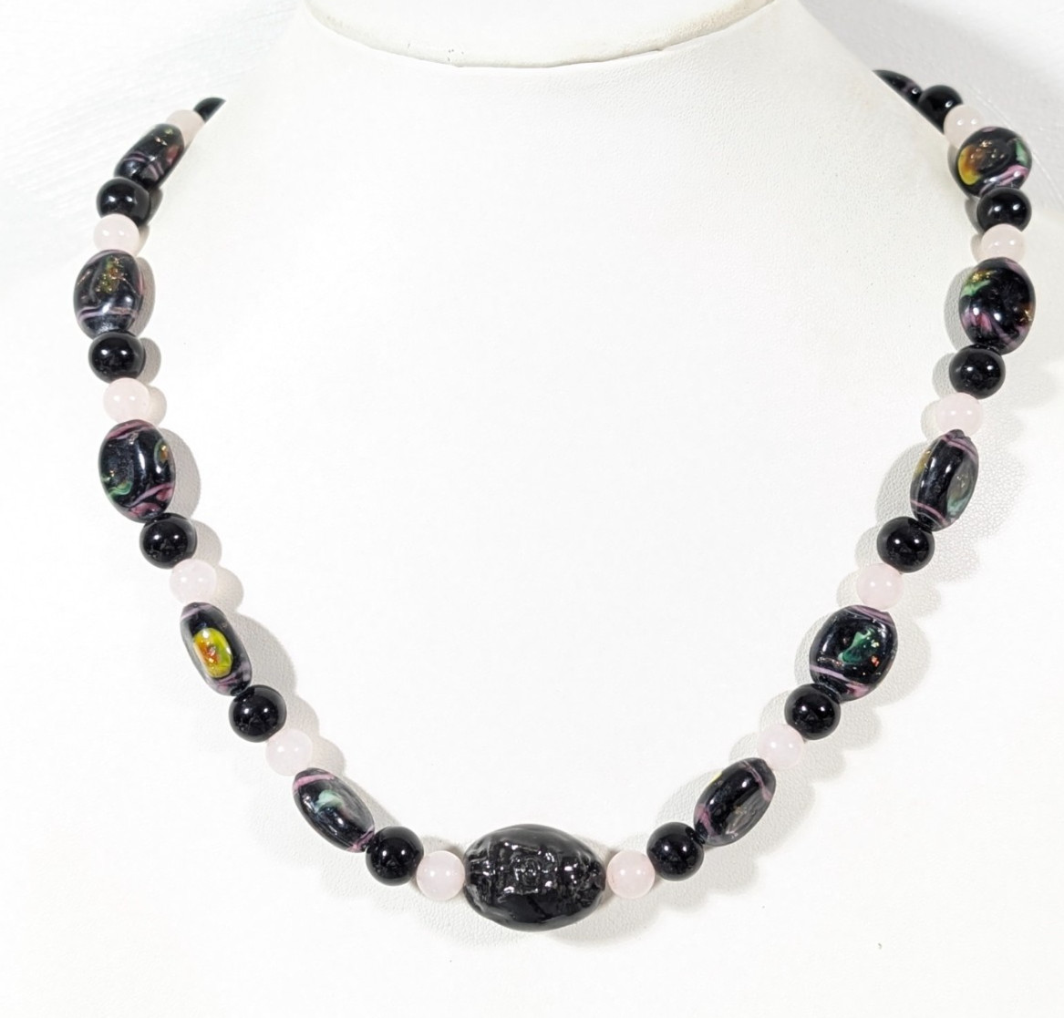 Artisan Black Glass Colorful Lampwork Beaded Necklace Boho 23 in