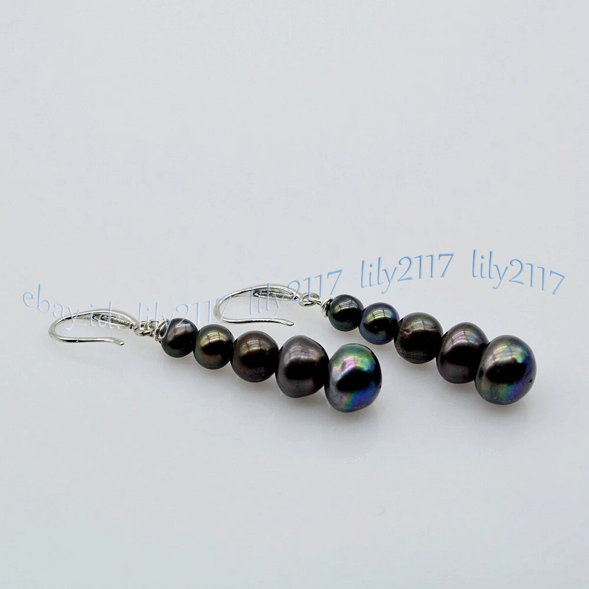 6-11mm Real Natural Black Freshwater Baroque Pearl Dangle Silver Hook Earrings