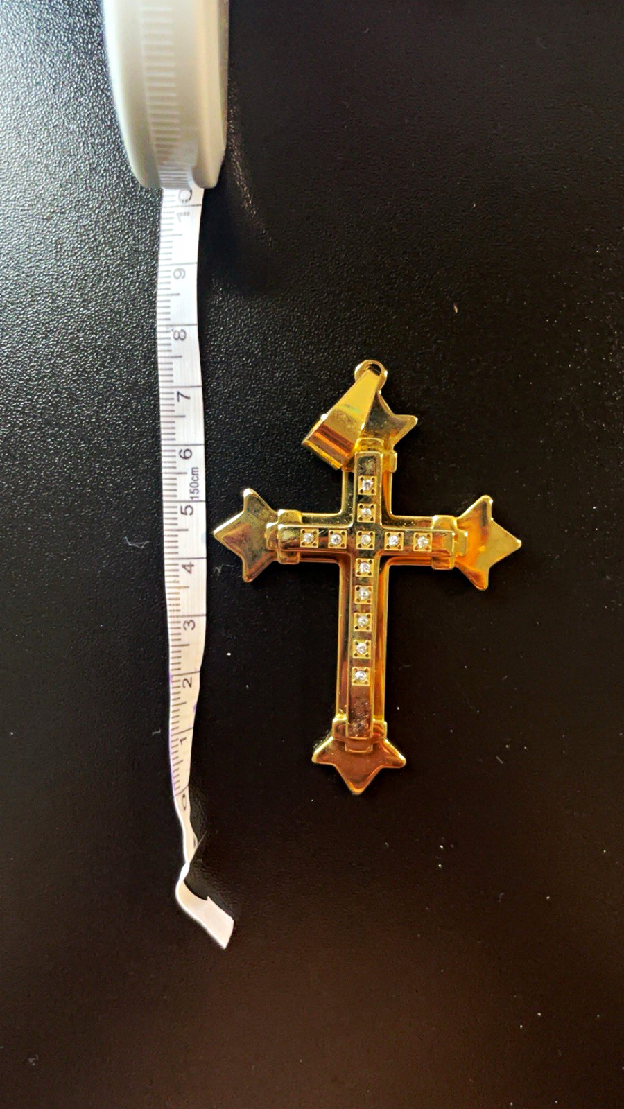 Gold Tone Religious Cross Pendant Clear Square Crystal Rhinestones Channel-Set