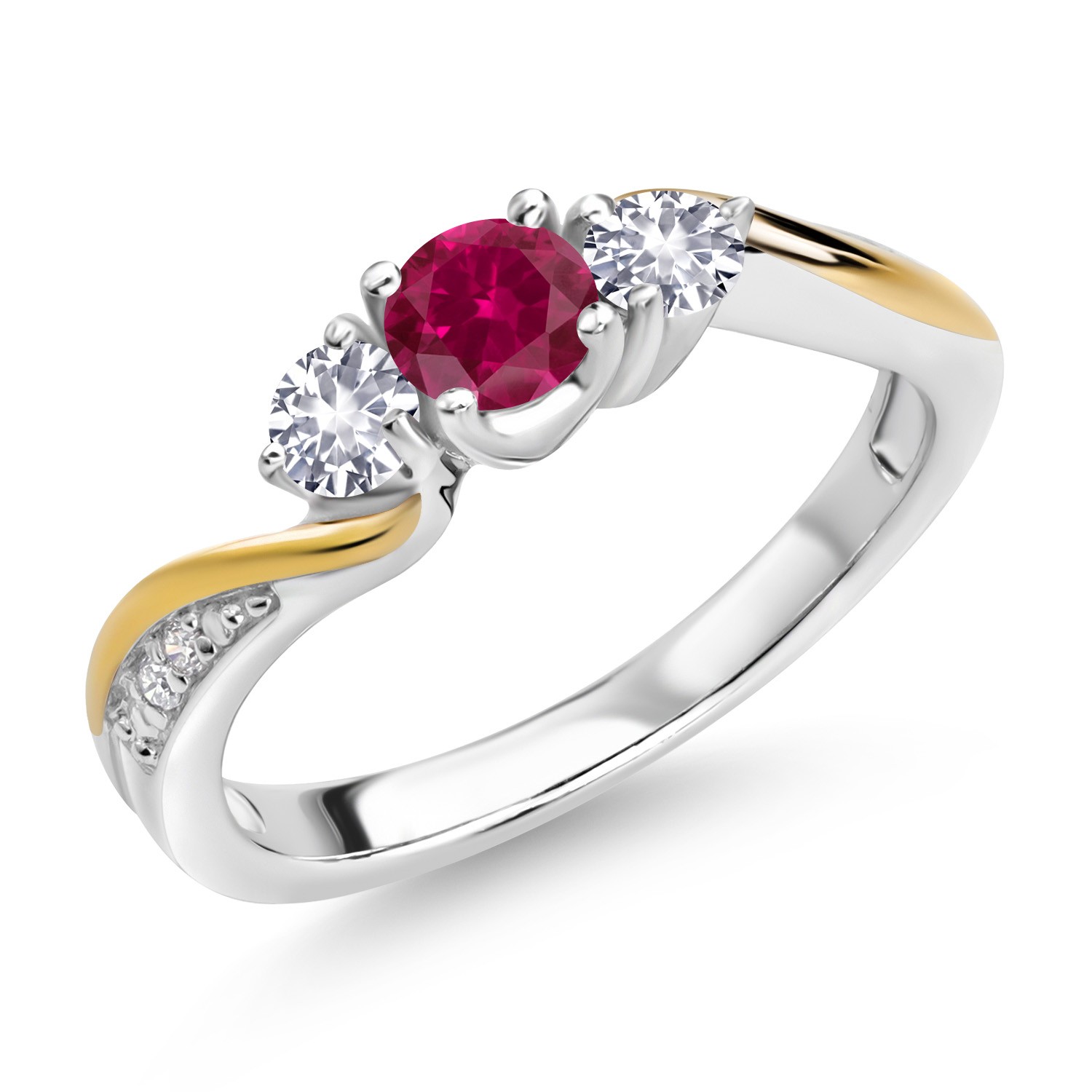 925 Silver and 10K Yellow Gold Created Ruby White Created Sapphire and White