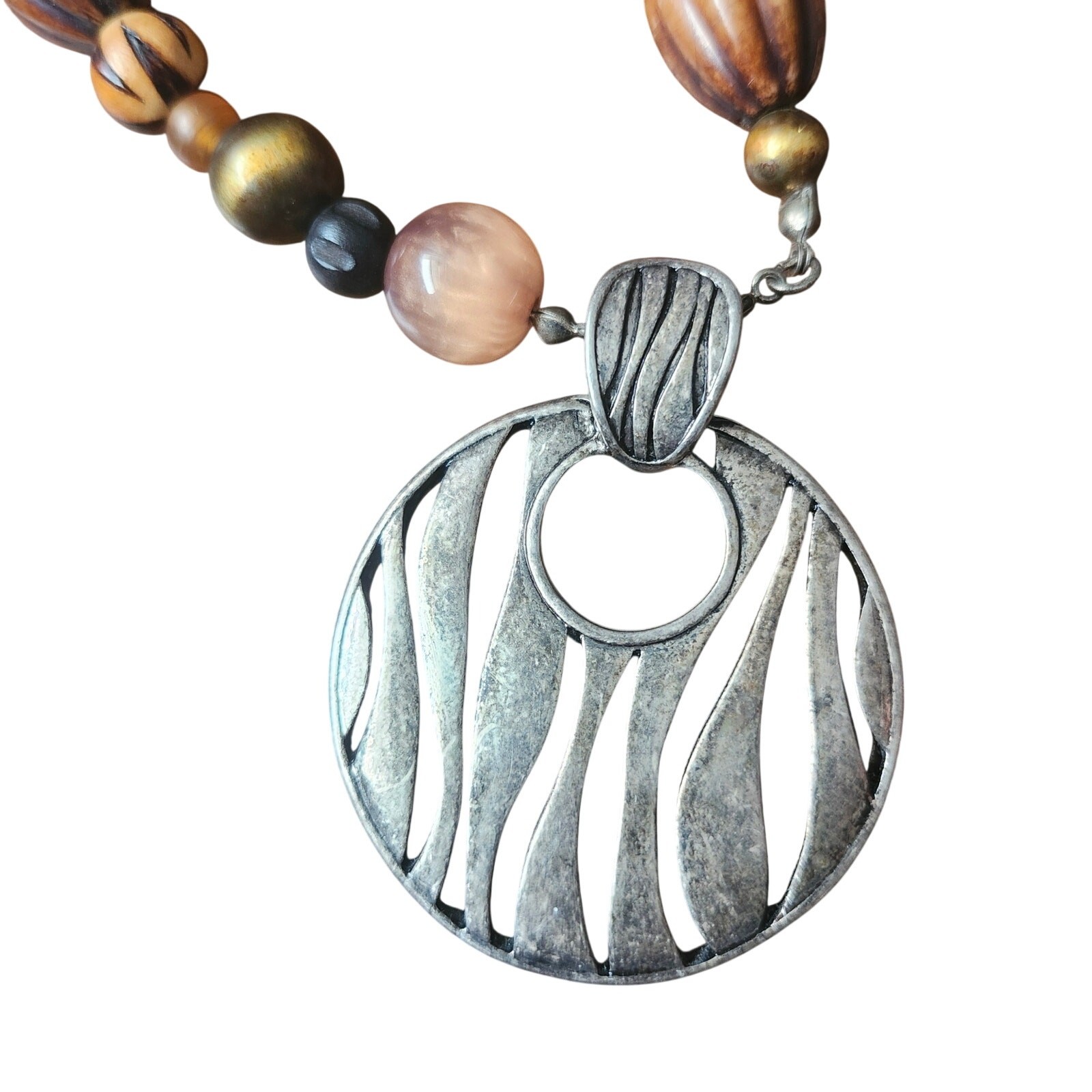 Premier Designs Boho Statement Pendant Necklace Wood Glass Acrylic Beads 35in