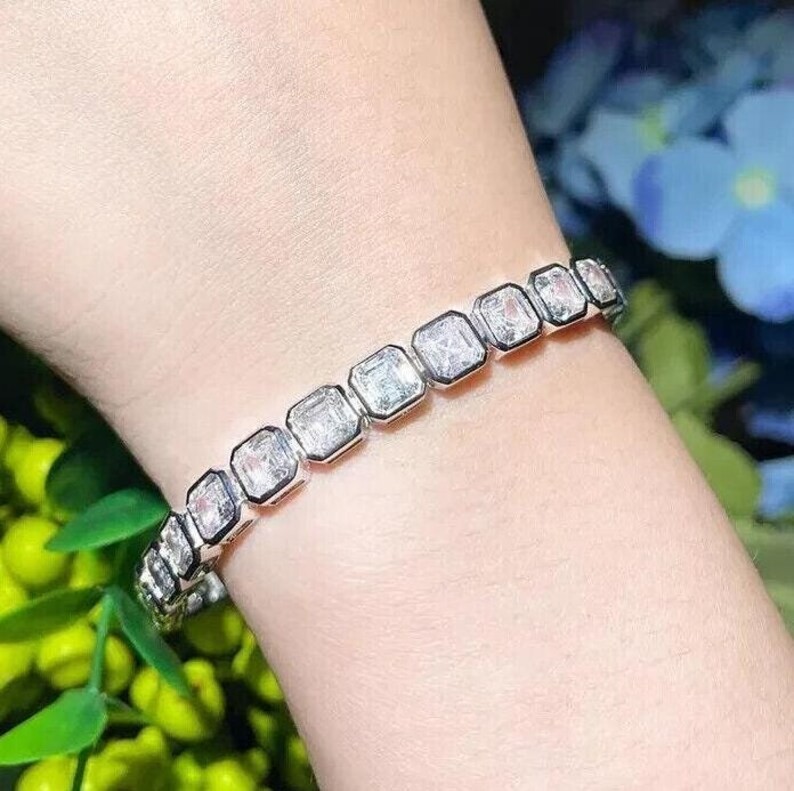 Bezel Treated Diamond Asscher Cut White Tennis Bracelet In 925 Silver