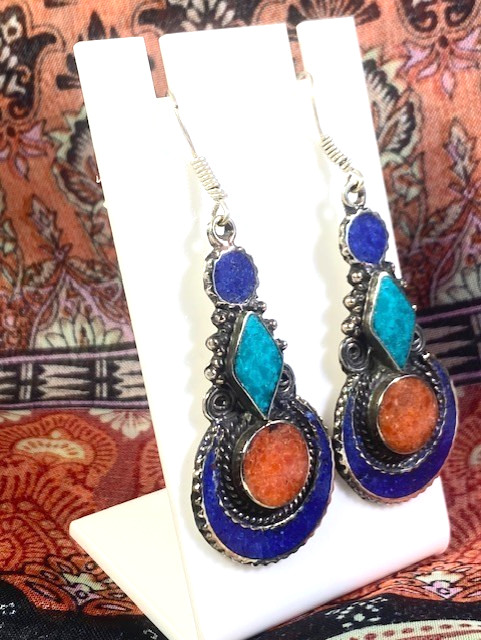 Lapis Lazuli Coral Turquoise Gemstone Drop Dangle Ethnic Tibetan Earrings 2.4″