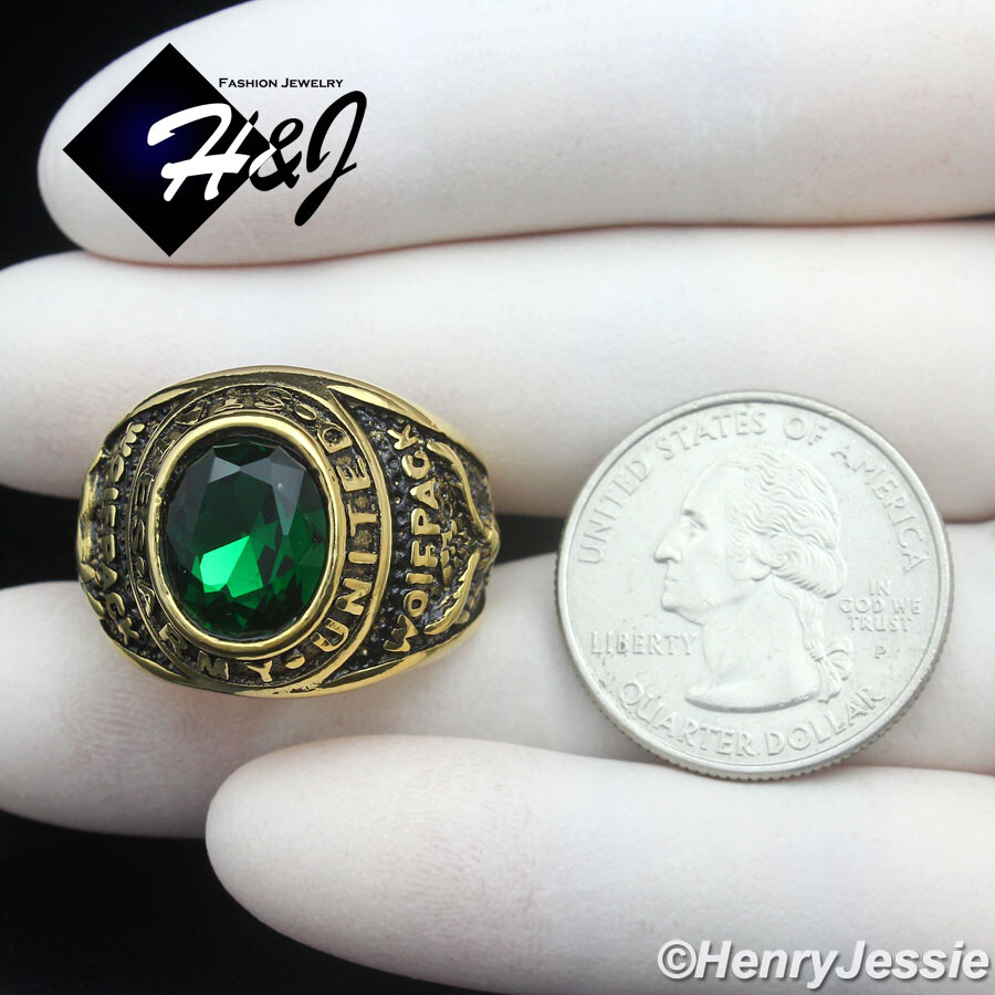 MEN Stainless Steel US Army Military Green Rhinestone Gold/Black Plated Ring*100