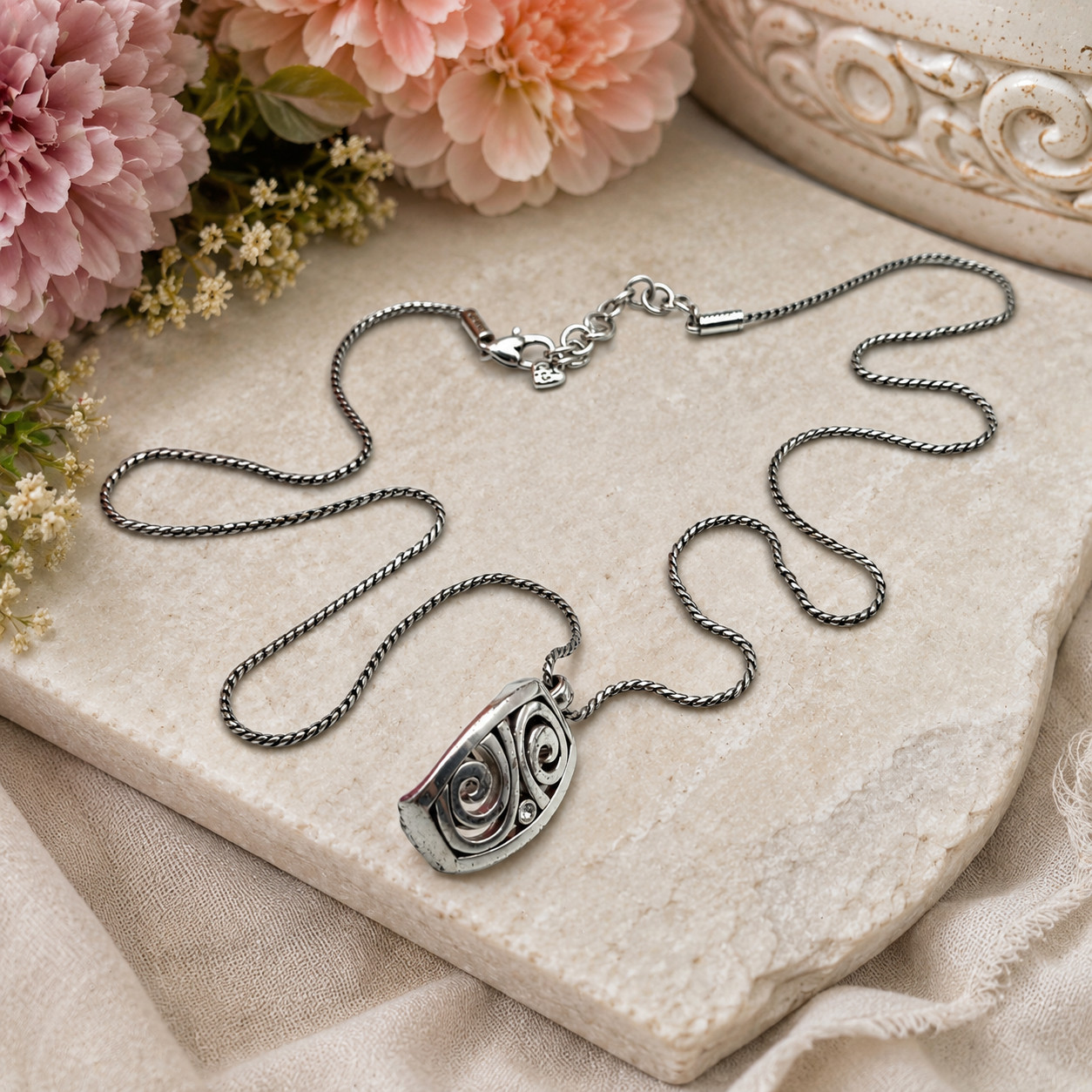 Brighton London Groove Badge Clip Necklace 34 In Silver Plated Swirl Crystal