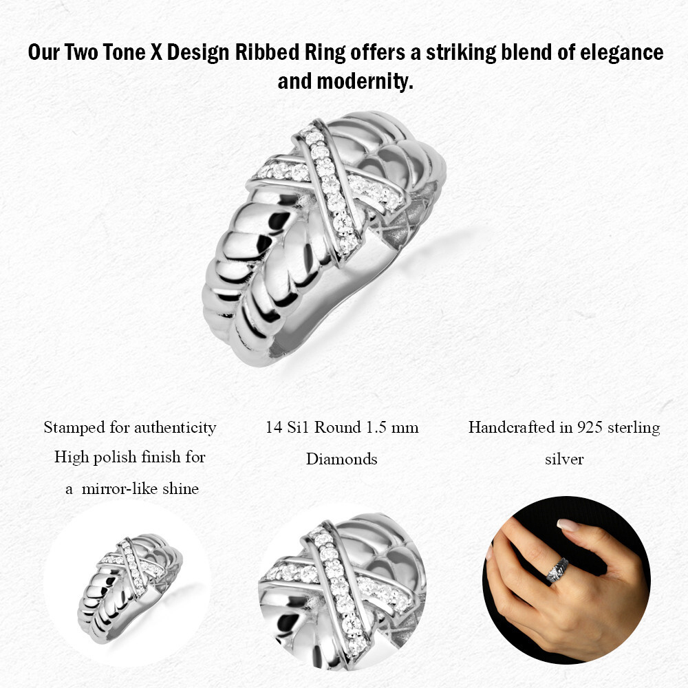 .925 Sterling Silver Ribbed X Design Ring