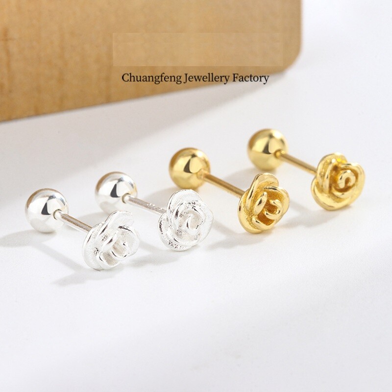925 Silver Plated Small Flower Rose Screw Back Stud Earrings 5mm Women Girl S6