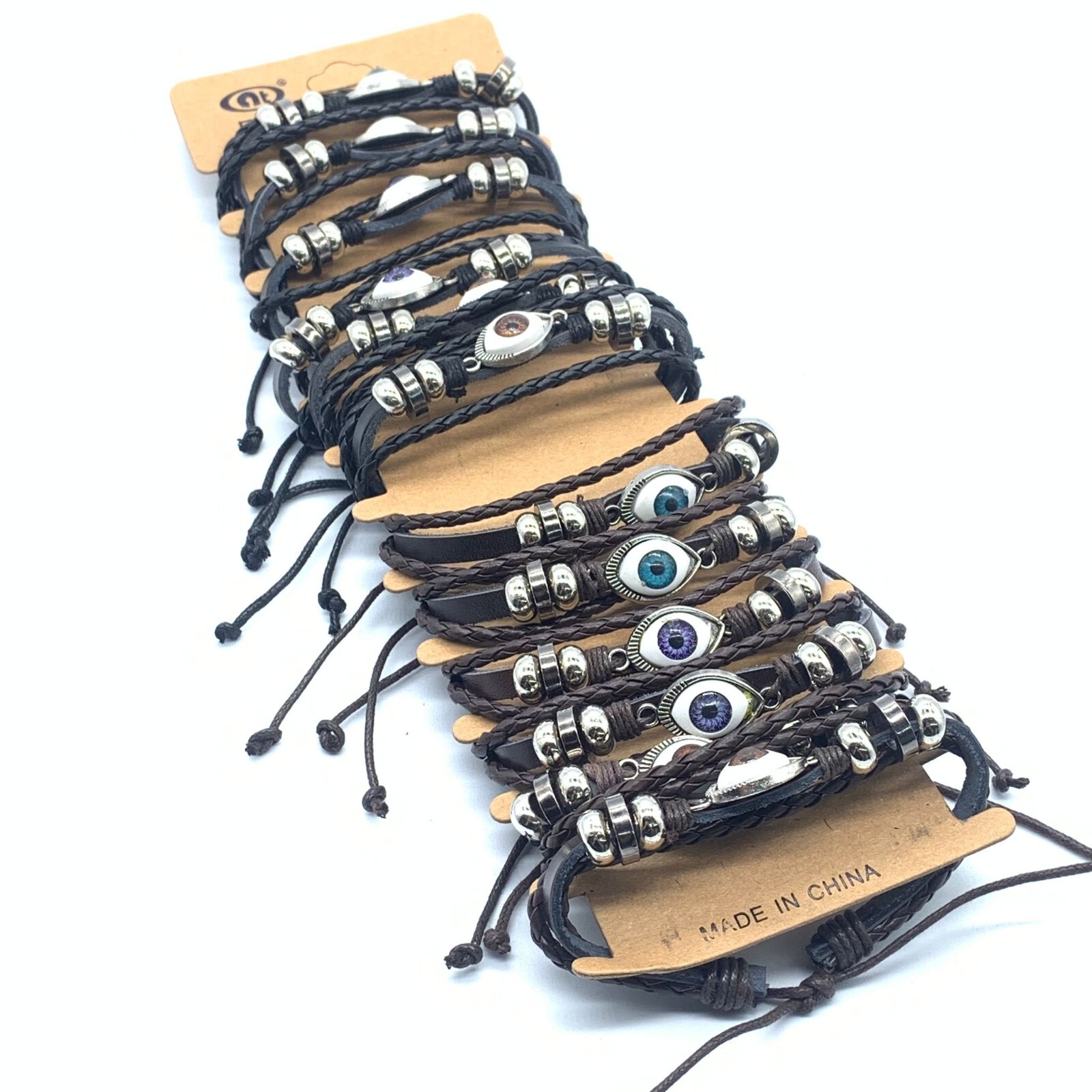12pcs Evil Eye Protection Braided leather Strap Handmade Macramé Bracelet 7-11in