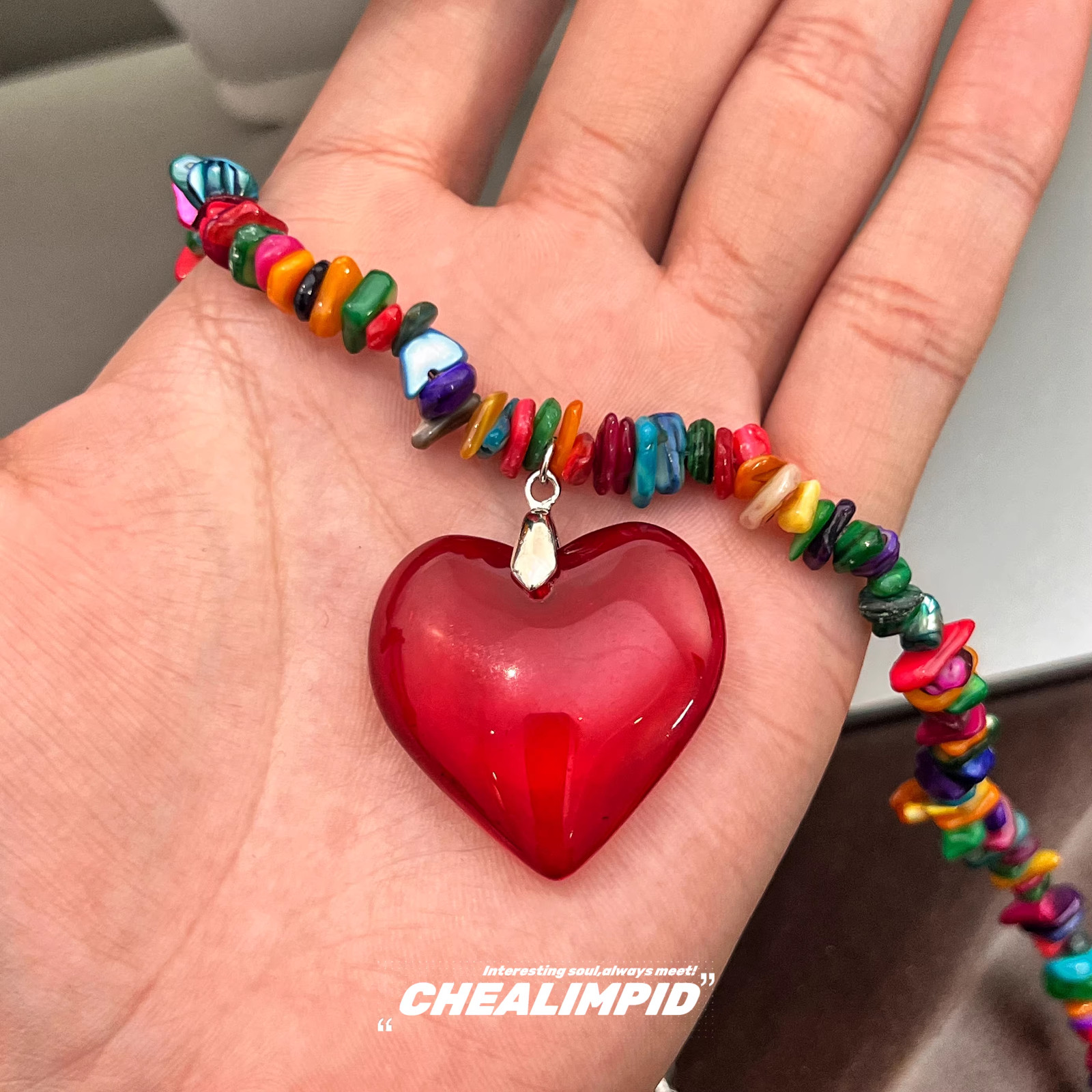 CHEALIMPID / Heart Color Bead Choker Necklace 42cm+5cm Extender