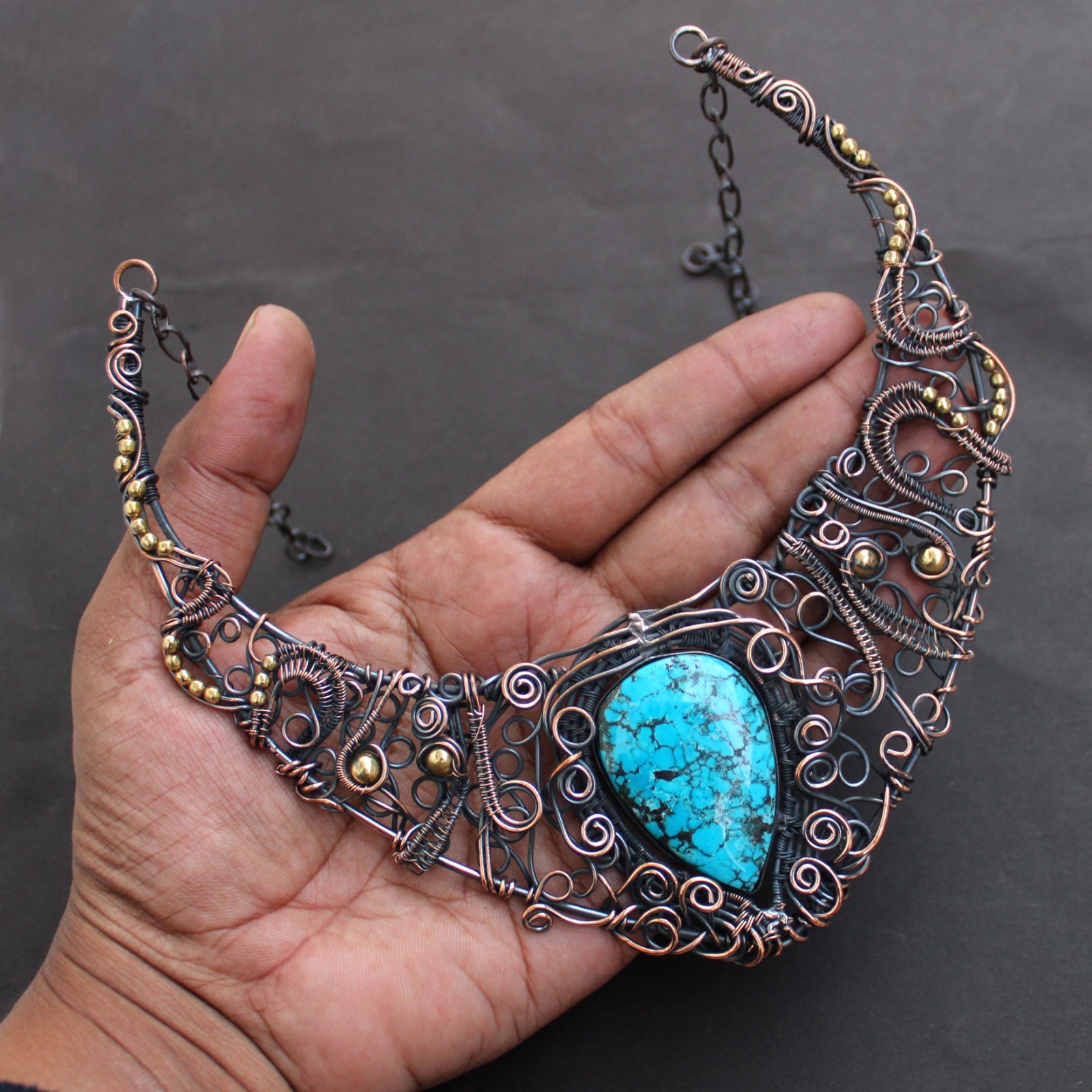 Tibetan Turquoise Copper Wire Wrapped Necklace Gemstone Handmade Jewelry 18″